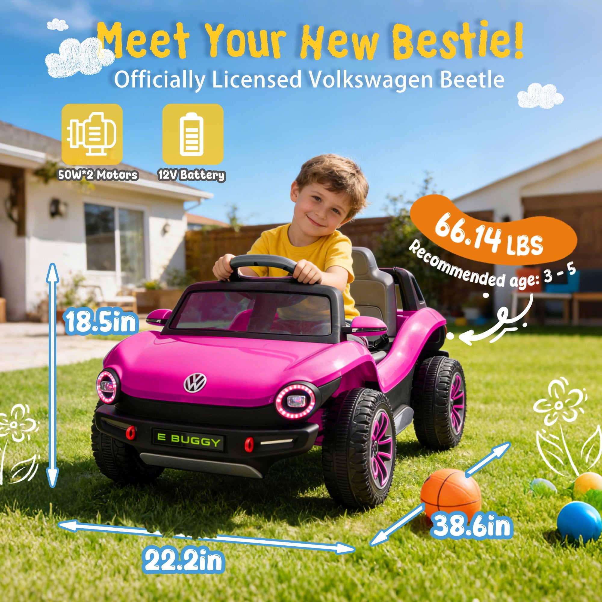 12V Ride on Toys, Licensed Volkswagen Beetle Powered Ride on Cars with Remote Control, Bluetooth, Music, USB Ports, LED Lights, 4 Wheels Suspension, Electric Car for Kids Boys Girls Ages 2-5, Pink