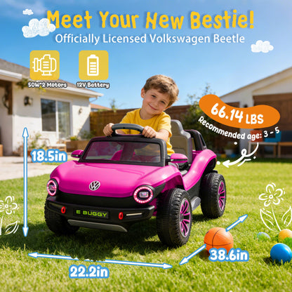 12V Ride on Toys, Licensed Volkswagen Beetle Powered Ride on Cars with Remote Control, Bluetooth, Music, USB Ports, LED Lights, 4 Wheels Suspension, Electric Car for Kids Boys Girls Ages 2-5, Pink