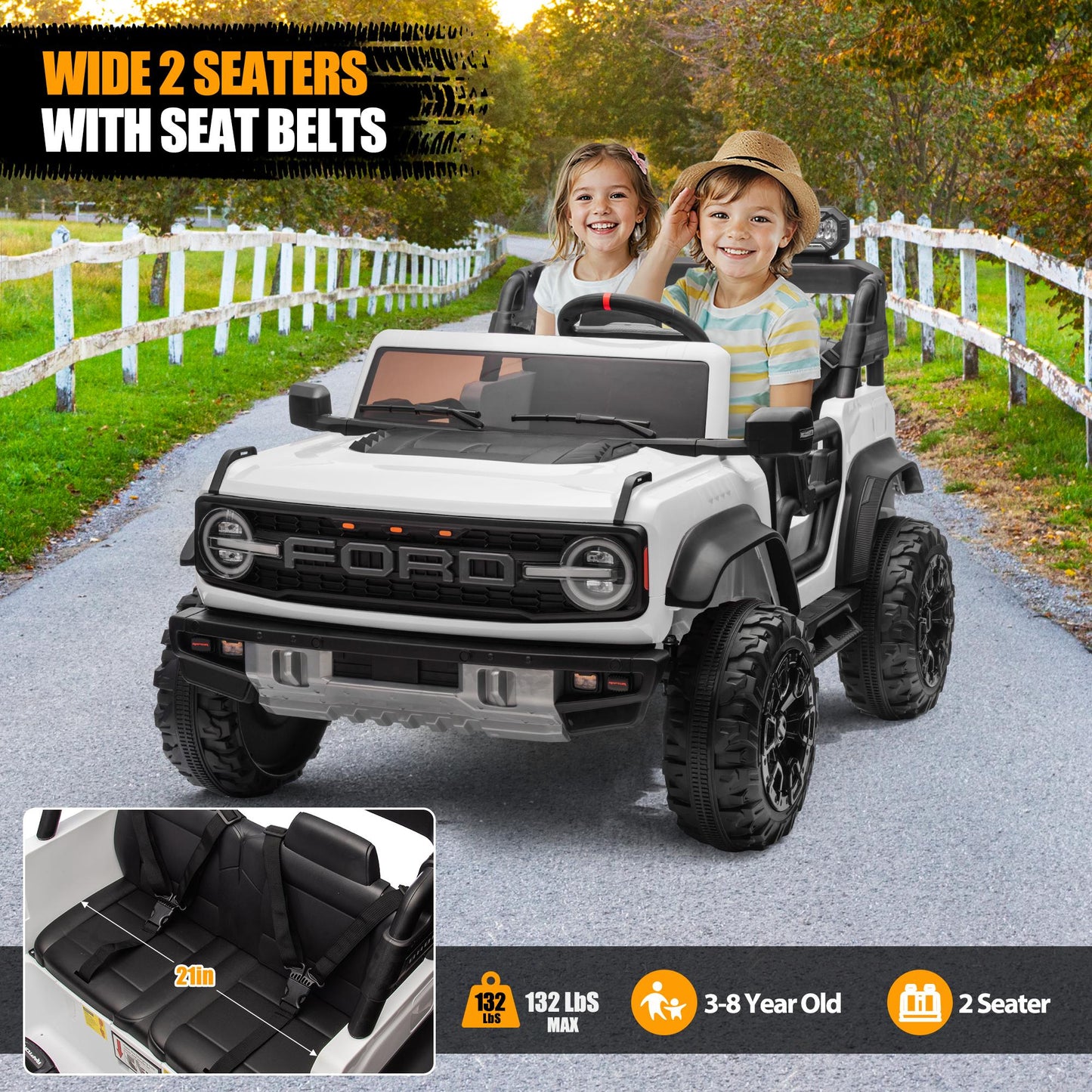 24V 2 Seater Ride on Cars, Licensed Ford Bronco Raptor Ride on Truck Toy with Remote Control, Powered Kids Car Electric Vehicles with Bluetooth/Music Player/LED Light/4 Wheel Spring Suspension, White