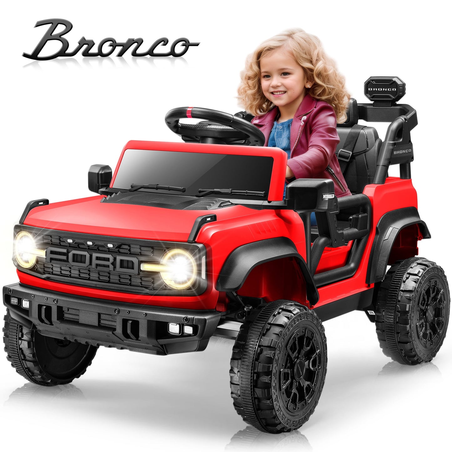 Preorder 12V Ford Bronco Powered Ride on Cars for Kids, Licensed Ride on SUV Truck Toy with Parent Remote Control, Electric Car for Girls Boys 3-5 w/Music Player/LED Headlights/Safety Belt, Red