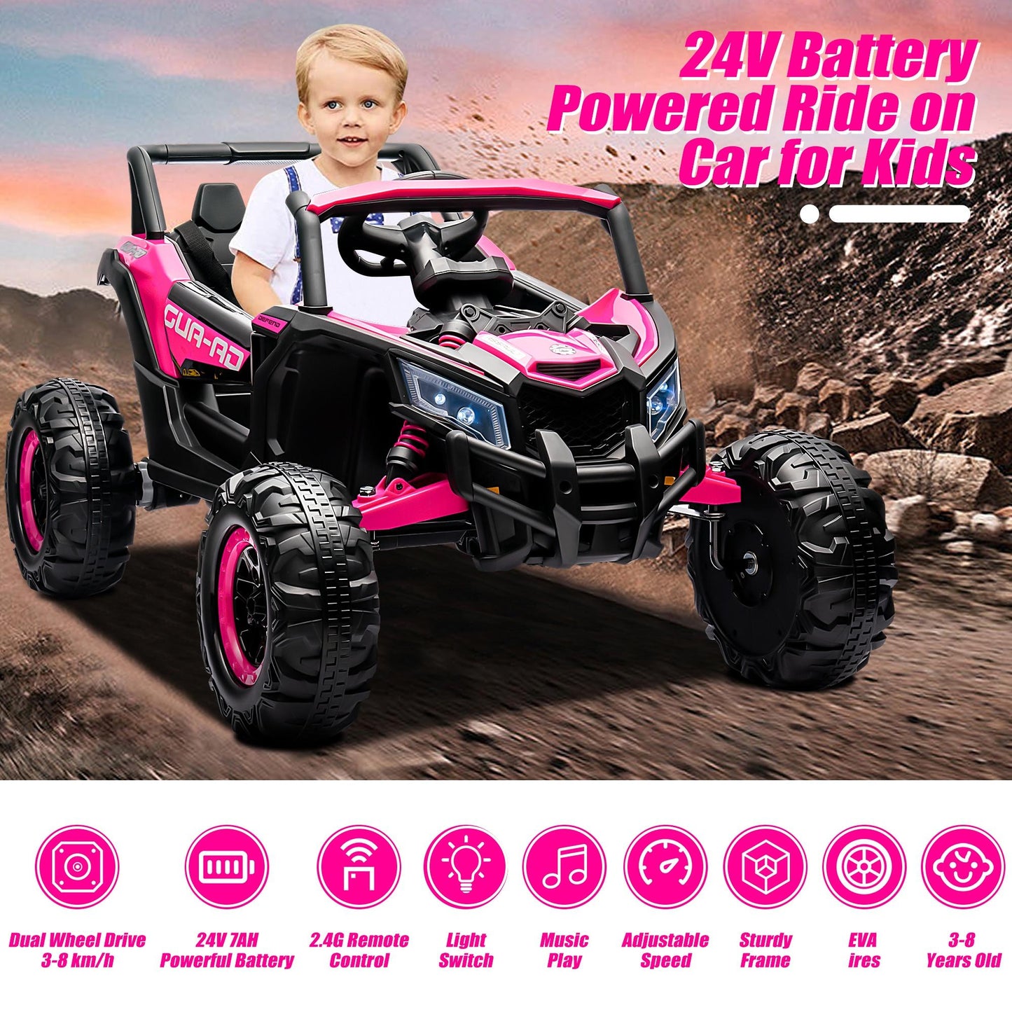 iYofe 24V Ride On UTV Car with Remote Control, Battery Powered Ride On Toys for Kids, 4 Wheels Ride on Vehicle with Music, USB, Bluetooth, Electric Cars for Kids Boys Girls 3-8 Ages Gifts, Pink