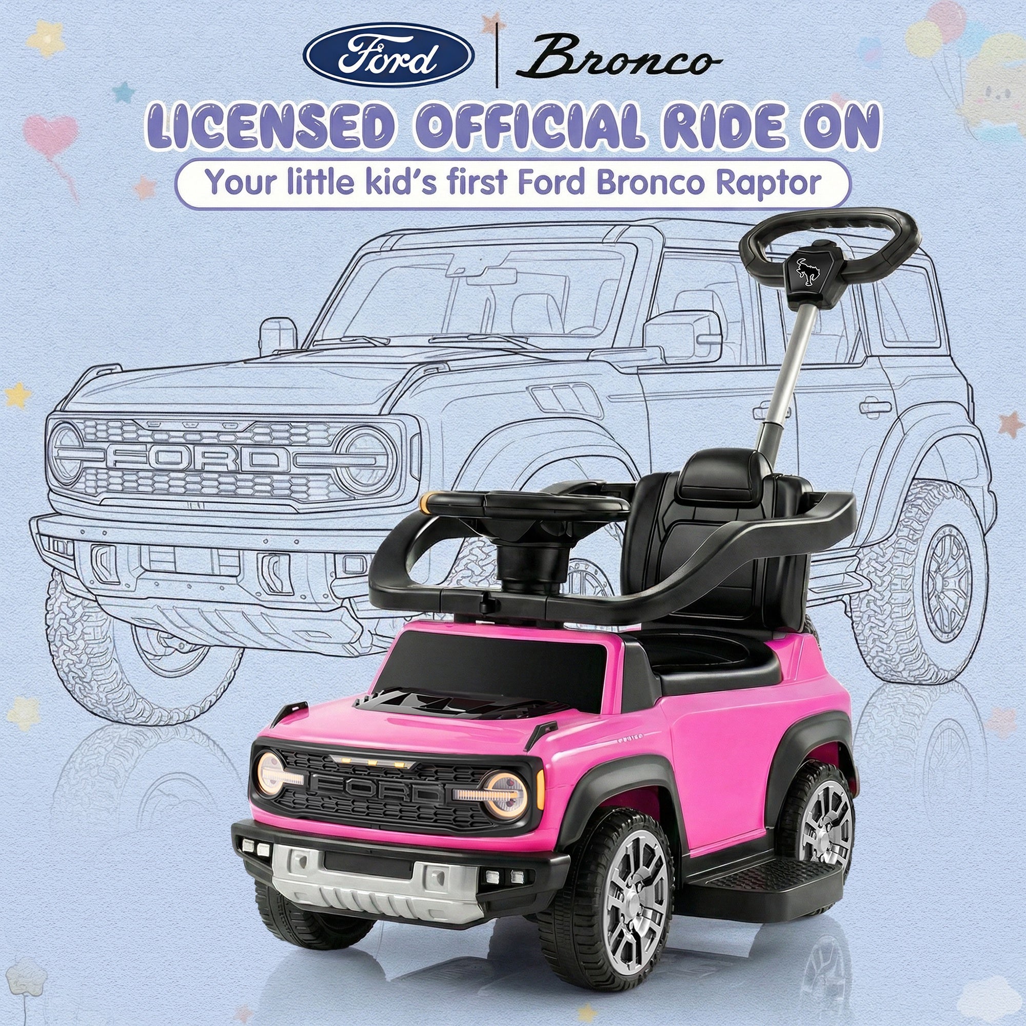 iYofe Kids Ride on Push Car, Licensed Ford Bronco Raptor Toddlers Ride on Toys with Horn, Music, Handle, Under Seat Storage, Kids Push Car for Toddlers 18 Months +, Pink