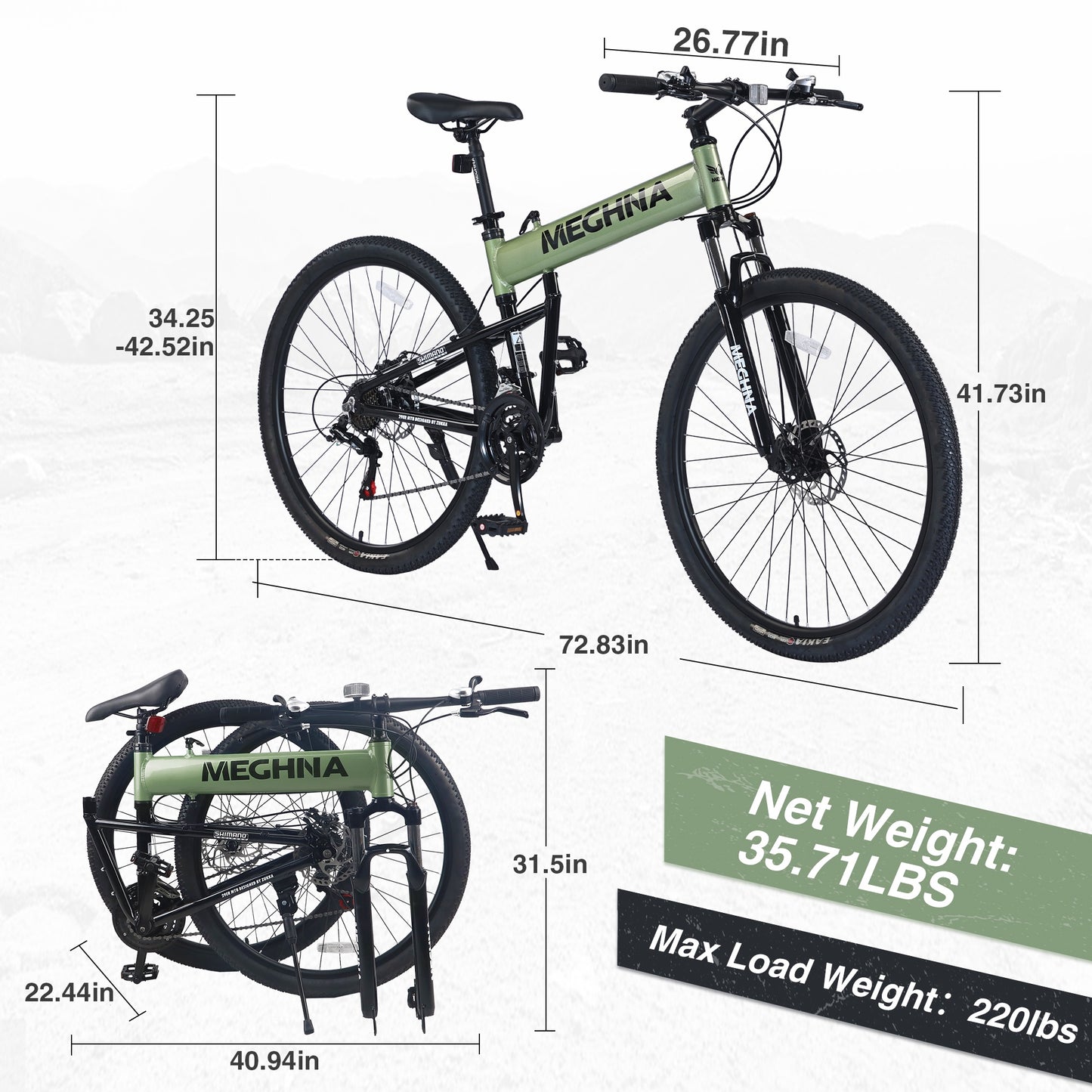 29 inch Folding Mountain Bikes, Mens Mountain Bicycle w/ Disc Brakes, 21 Speed Hybrid Bike for Adults Men Women, City Commuter Bike for Rider Height 5'4"-6'2", 85% assembled (Green)