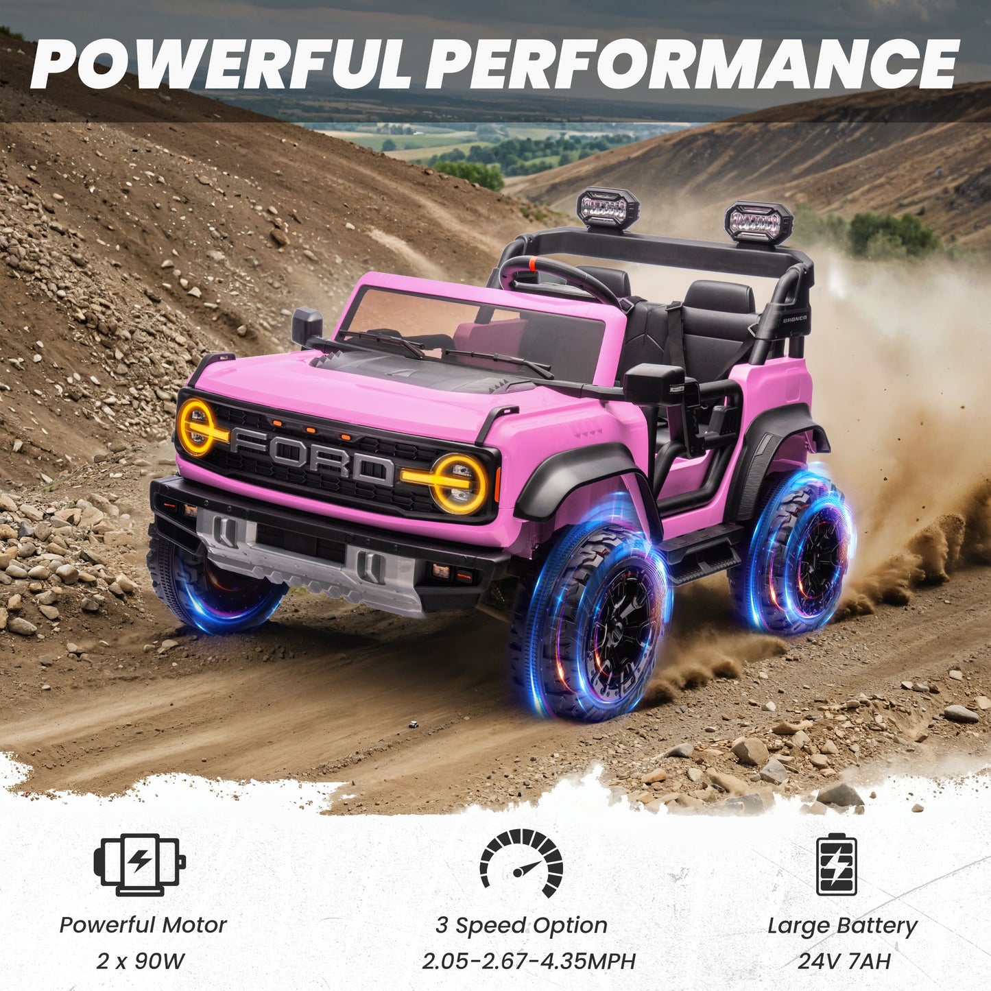 24V 2 Seater Ride on Cars, Licensed Ford Bronco Raptor Powered Ride on Toy Truck with Remote Control, Electric Car for Kids 3-8 Gifts with Bluetooth/LED Light/Spring Suspension, 4 Wheelers, Pink