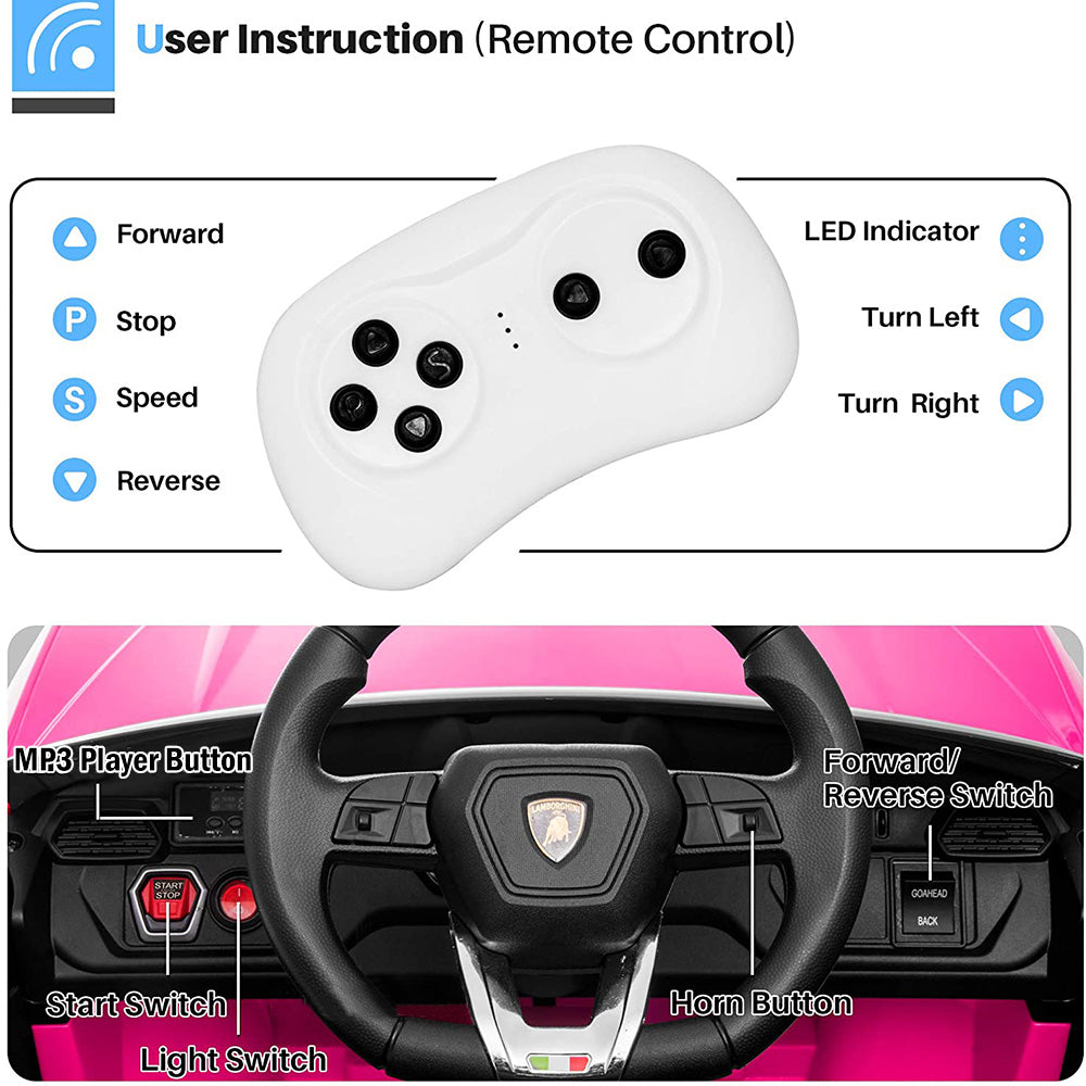 Electric Kids Ride on Toys, 12V Kids Lamborghini Ride On Car for Boys Girls, Battery Powered Kids Electric Cars with Remote Control, 3 Speeds, LED Lights, MP3, Christmas Gift, Pink, R847