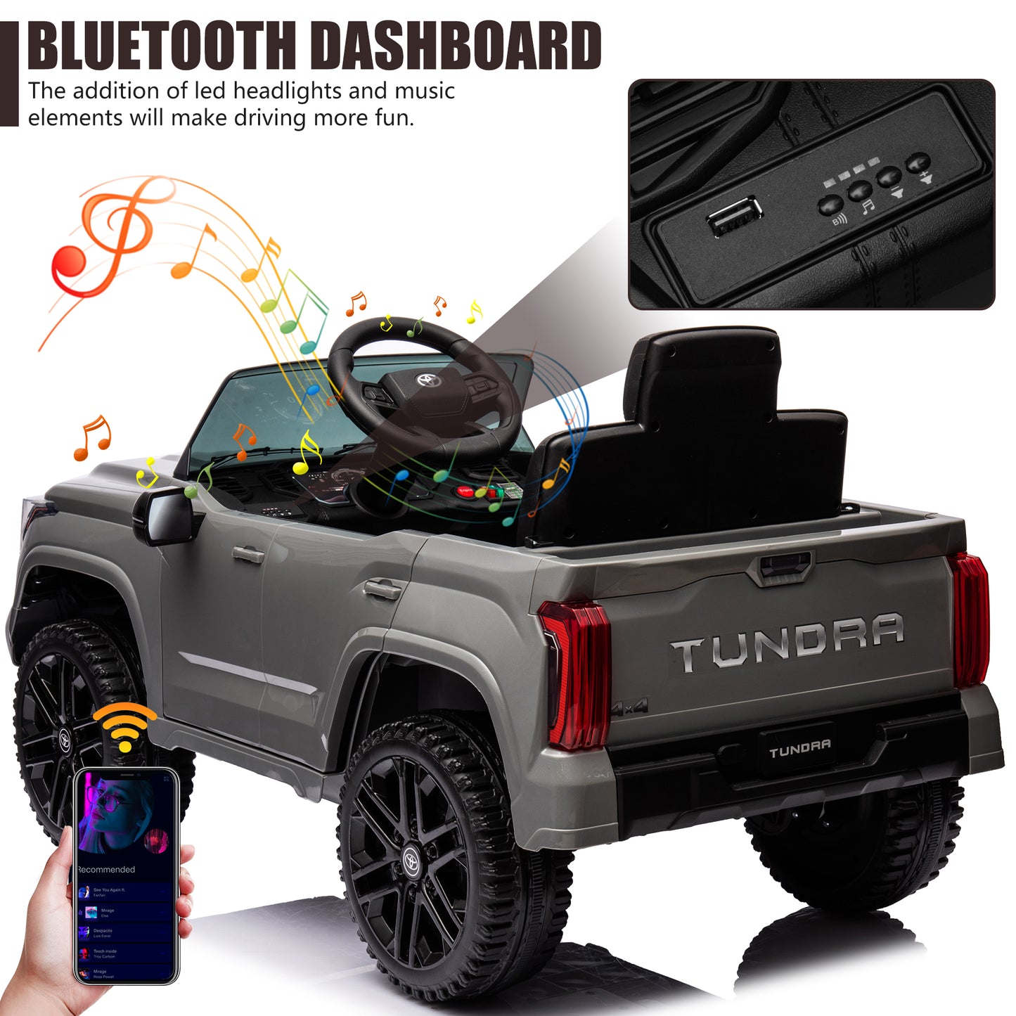 Toyota Tundra Pickup 12V 7A Ride On Cars for Kids, Ride On Toys with Remote Control, Battery Powered Kids Electric Vehicles with Bluetooth Music, USB, Electric Cars for Kids Boys Girls Gifts, Gray