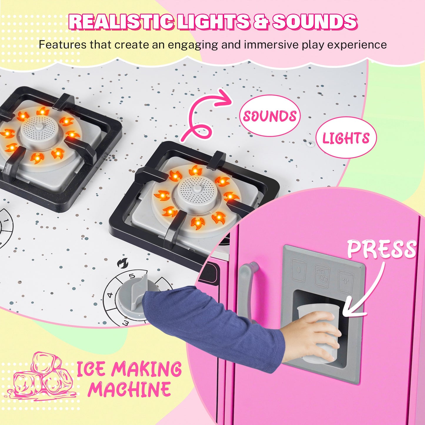 iYofe Island Play Kitchen for Kids, Wooden Kids Play Kitchen Playset Chef Pretend Play Set for Toddlers with Real Lights & Sounds, 7 Accessories, Toy Kitchen Set or Girls Boys Gift for Ages 3+, Pink