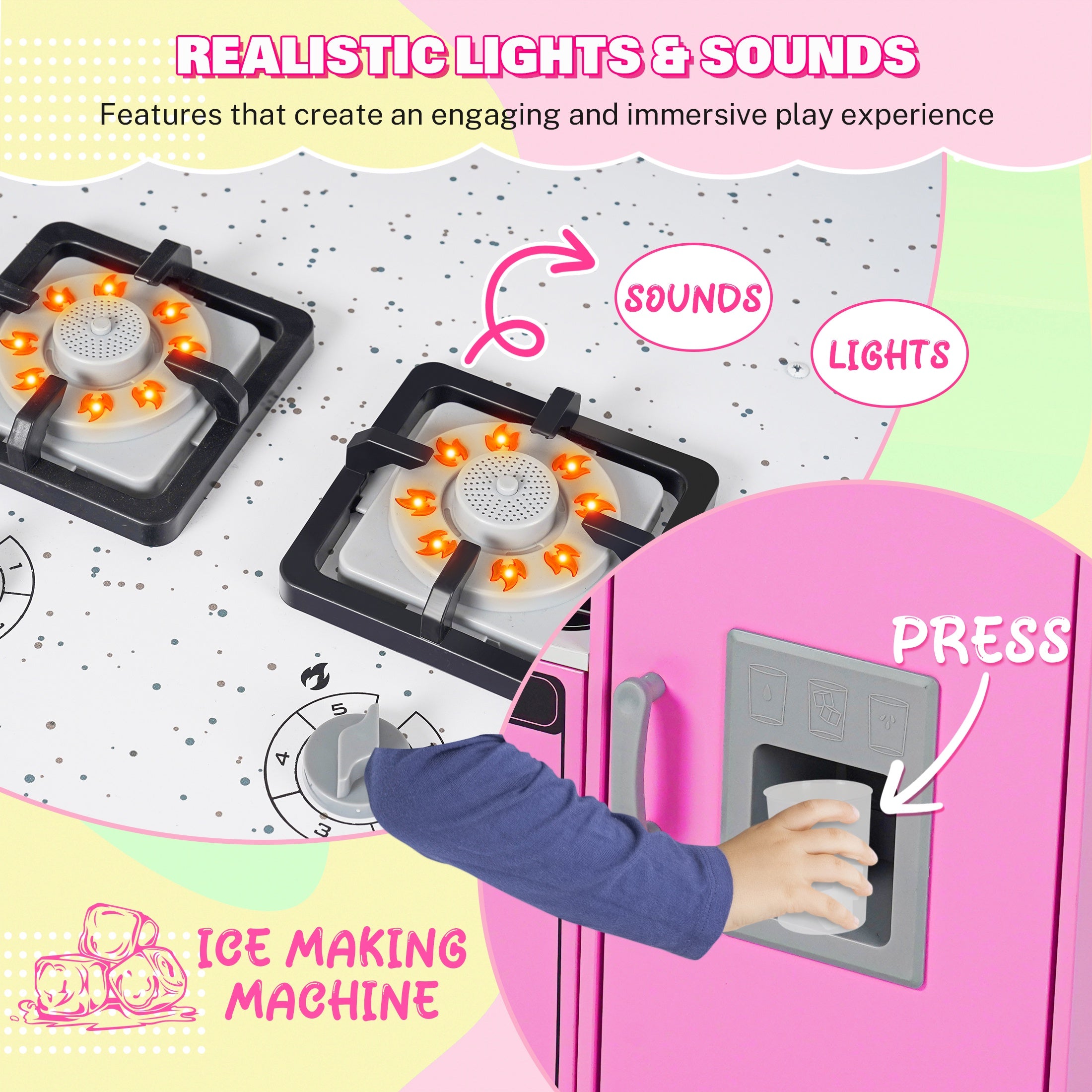 iYofe Play Kitchen for Kids, Wooden Kids Kitchen Playset Island Pretend Play Toys with Real Lights & Sounds, Chalkboard, Educational Kitchen Toy Birthday Christmas Gifts for Kids Toddlers, Pink