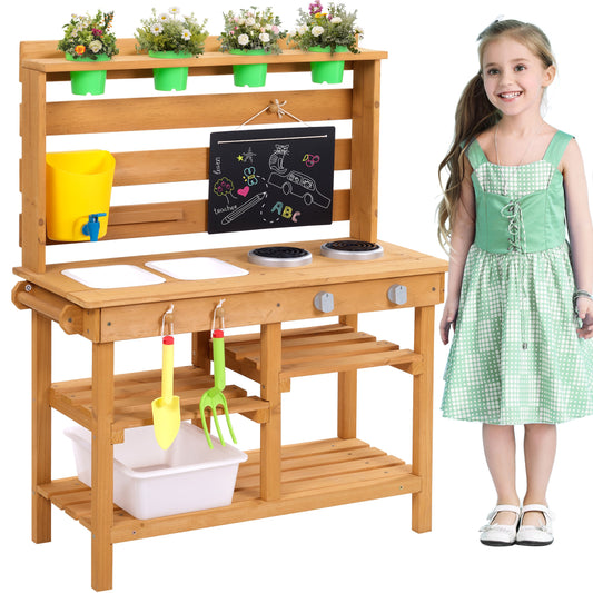 Outdoor Kids Kitchen Playset Mud Kitchen for Kids, Wooden Toy Play Kitchen Set for Boys and Girls Ages 3-8, Pretend Play Kitchen Toy with Water Sink, Faucet, Flowerpots, Chalkboard, Natural Wood