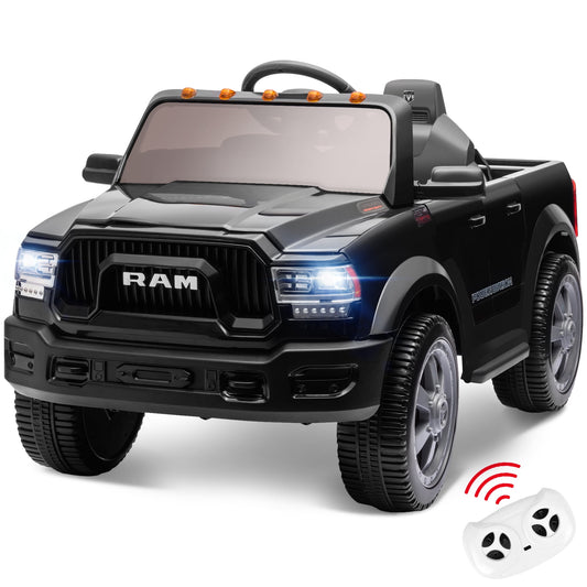 Ram Ride on Cars, 12V Licensed Powered Dodge Ram Ride on Toy Car with Remote Control, Electric Truck Car for Kids 3-5 w/Music Player/LED Headlights/Safety Belt/Water Cup Holder