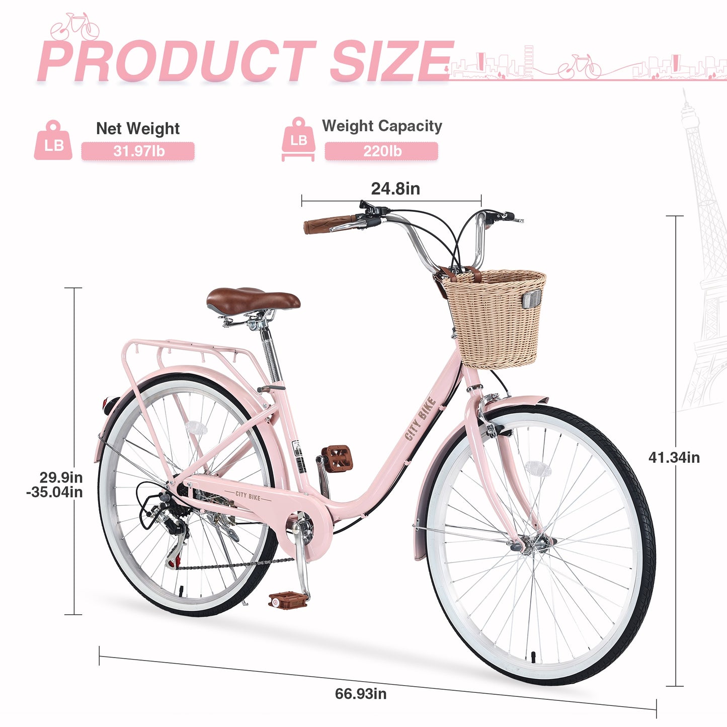 iYofe 26 inch Womens Bike, 7 Speed Hybrid Bike for Adult Teen w/ Basket and Backseat, Beach Cruiser Bike, City Comfort Commuter Bicycle for Ladies, V Brakes, 85% Assembled, Pink