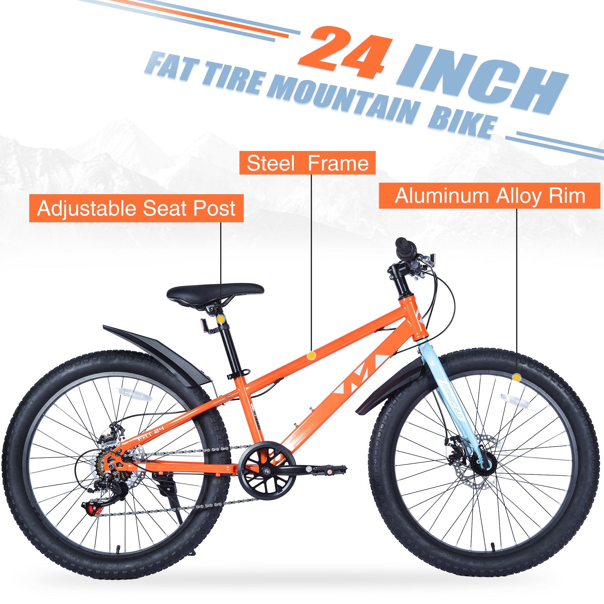 24" Mountain Bikes for Boys Girls, 7 Speed Fat Tire Mountain Bicycle w/ Disc Brakes, Bike for kids Youth Teen Adults, City Bikes Street Suit for Rider Height 56"-66" Ages 10+, 85% assembled (Orange)