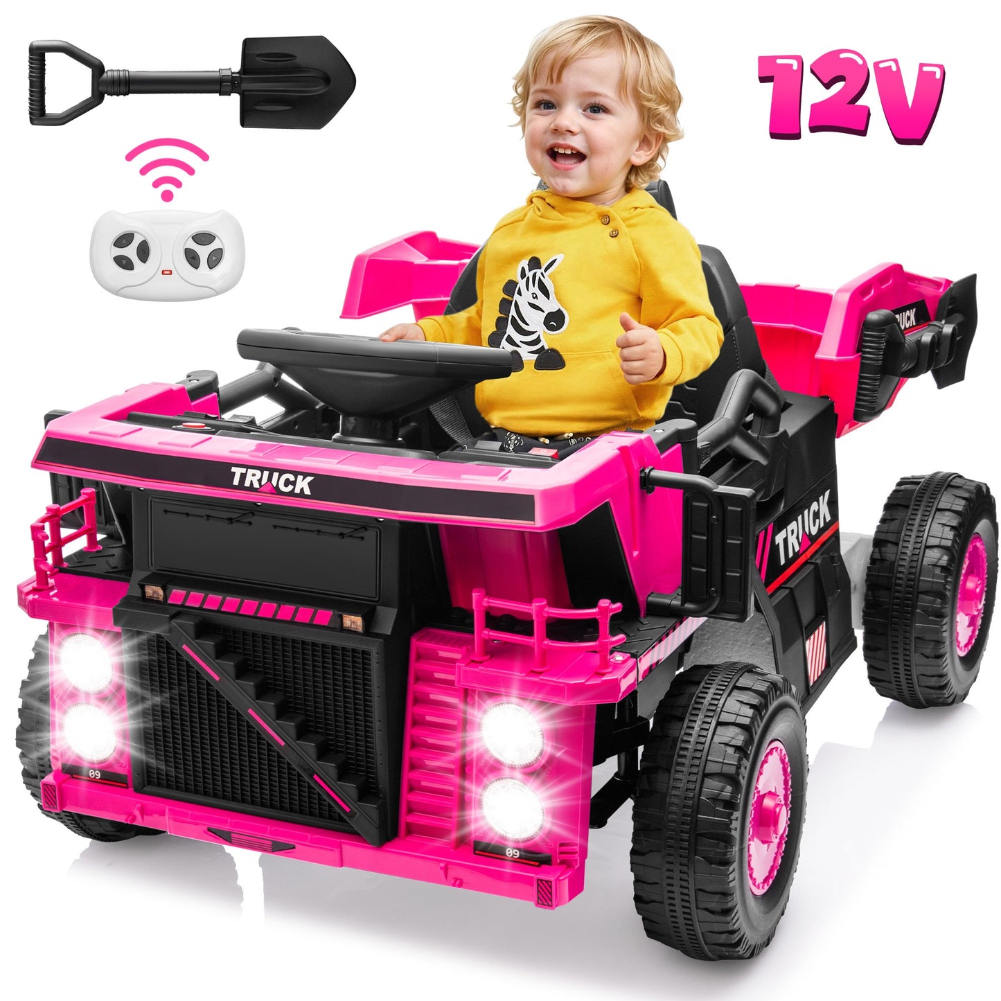 2 Seater Ride on Car with Remote Control, 24V Power Ride on Dump Truck for Kids with Bluetooth, Music, USB, LED Light, Dump Bed, Horn, Rear Wheel Suspension Ride on Toy for Boys Girls 3-6, Black