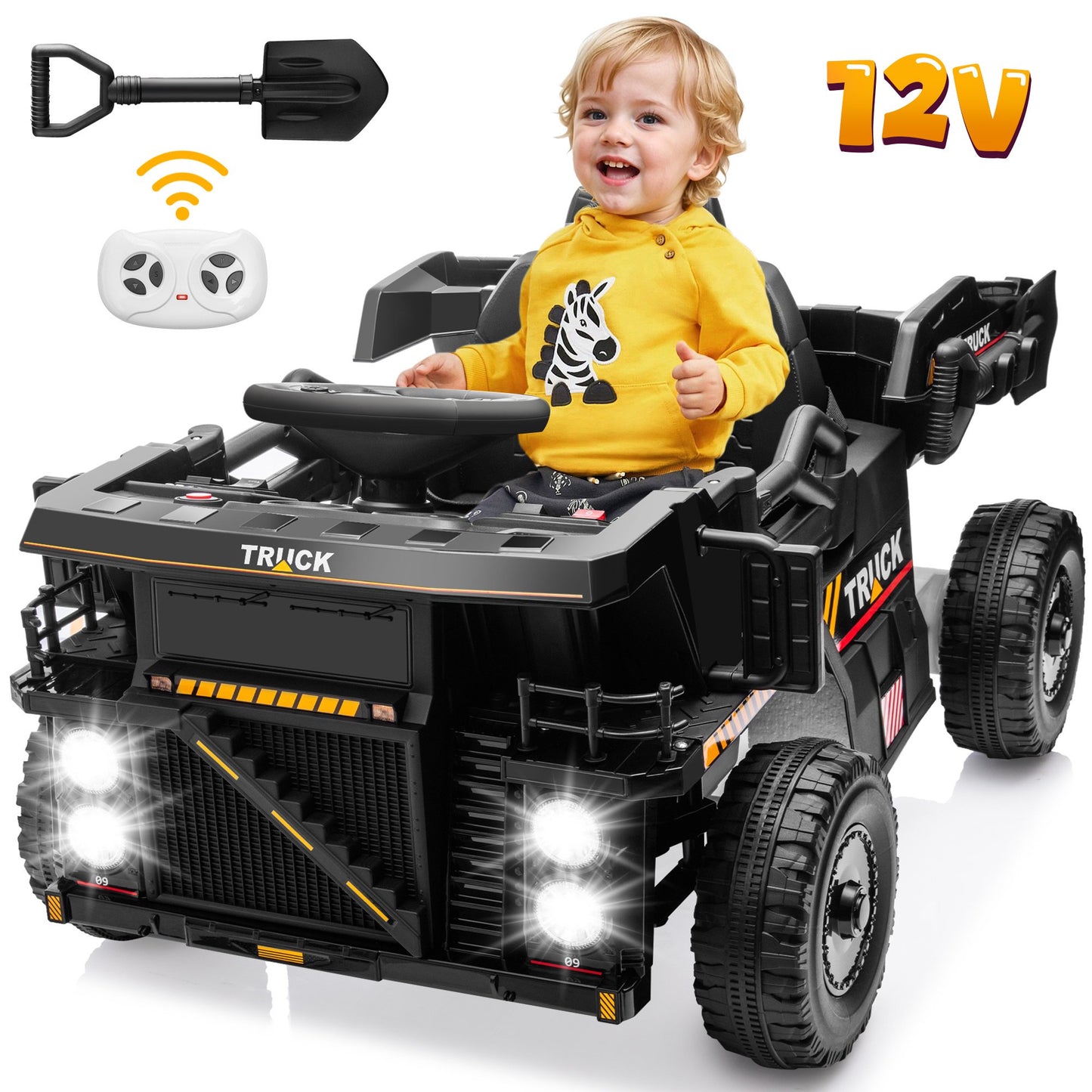 2 Seater Ride on Car with Remote Control, 24V Power Ride on Dump Truck for Kids with Bluetooth, Music, USB, LED Light, Dump Bed, Horn, Rear Wheel Suspension Ride on Toy for Boys Girls 3-6, Black