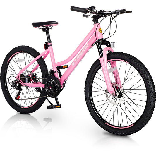 iYofe 24" Girls Mountain Bike, 21 Speed Girls Bicycle with Dual Disc Brake, Kids Mountain Bike w/ Front Spring Shock and Adjutable Seat Height, Bike for Girls Teens Ages 9-14 Years Old, Pink