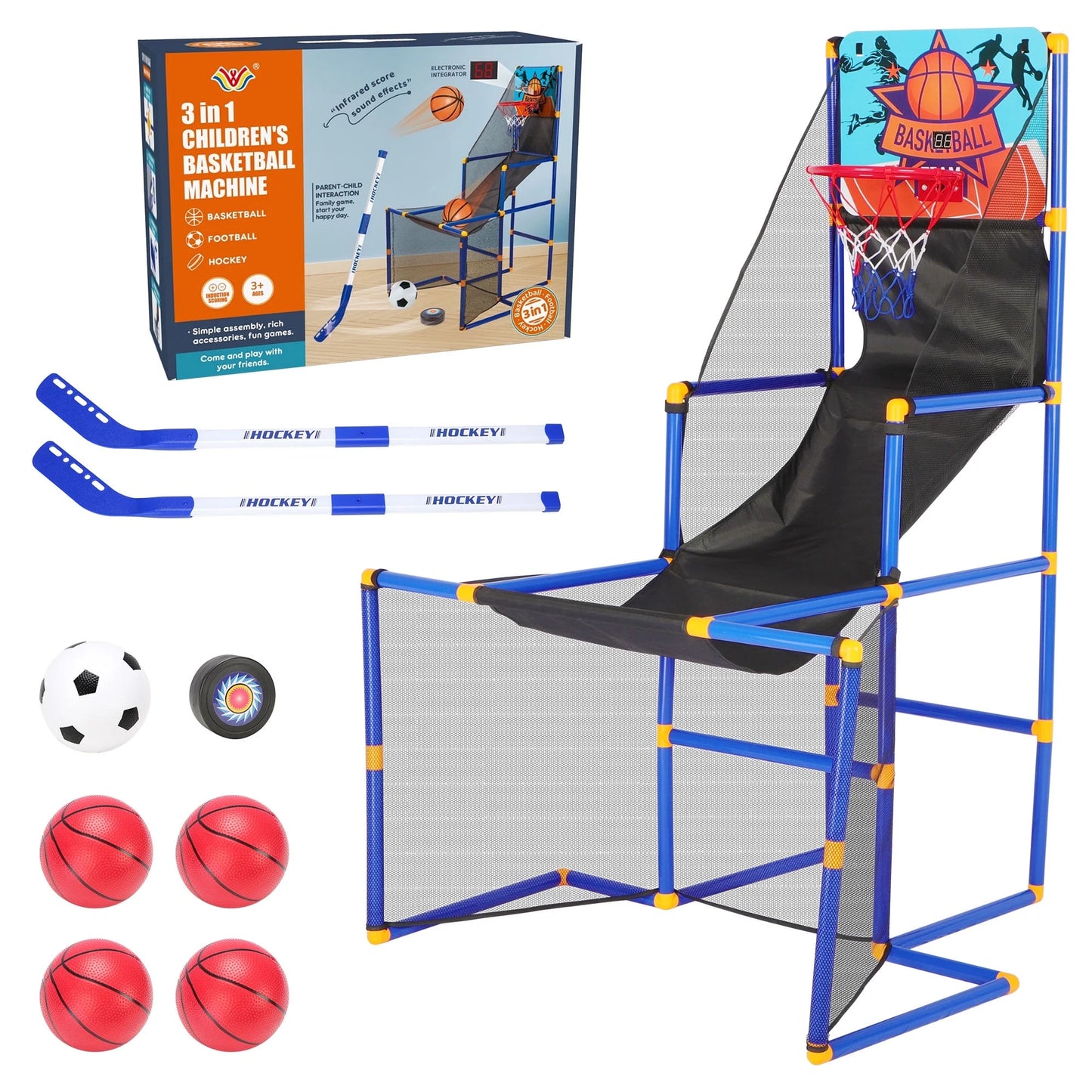 3 in 1 Kids Arcade Basketball Game & Hockey & Soccer, With 4 Basketball Balls, Football, Hockey, Hockey Stick, Pump, Electronic Scoreboard Sound for Toddlers, Basketball Goal for Kids Boys Girls