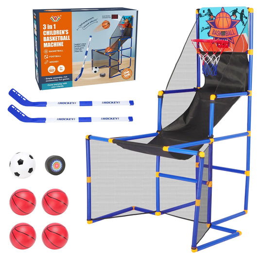 3 in 1 Kids Arcade Basketball Game & Hockey & Soccer, With 4 Basketball Balls, Football, Hockey, Hockey Stick, Pump, Electronic Scoreboard Sound for Toddlers, Basketball Goal for Kids Boys Girls