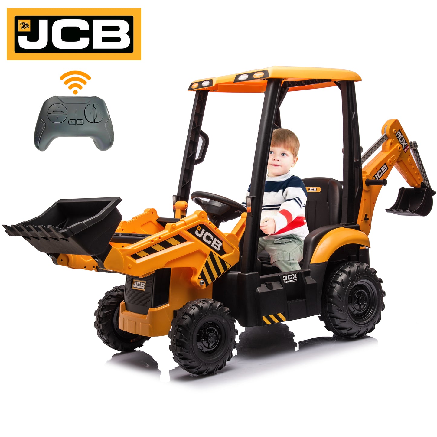 iYofe 12V Ride on Excavator with Front&Back Loader 4in1 Kids Ride on Car with Remote Control Electric Construction for 3-6 Years Old, 3 Speeds, MP3, Yellow