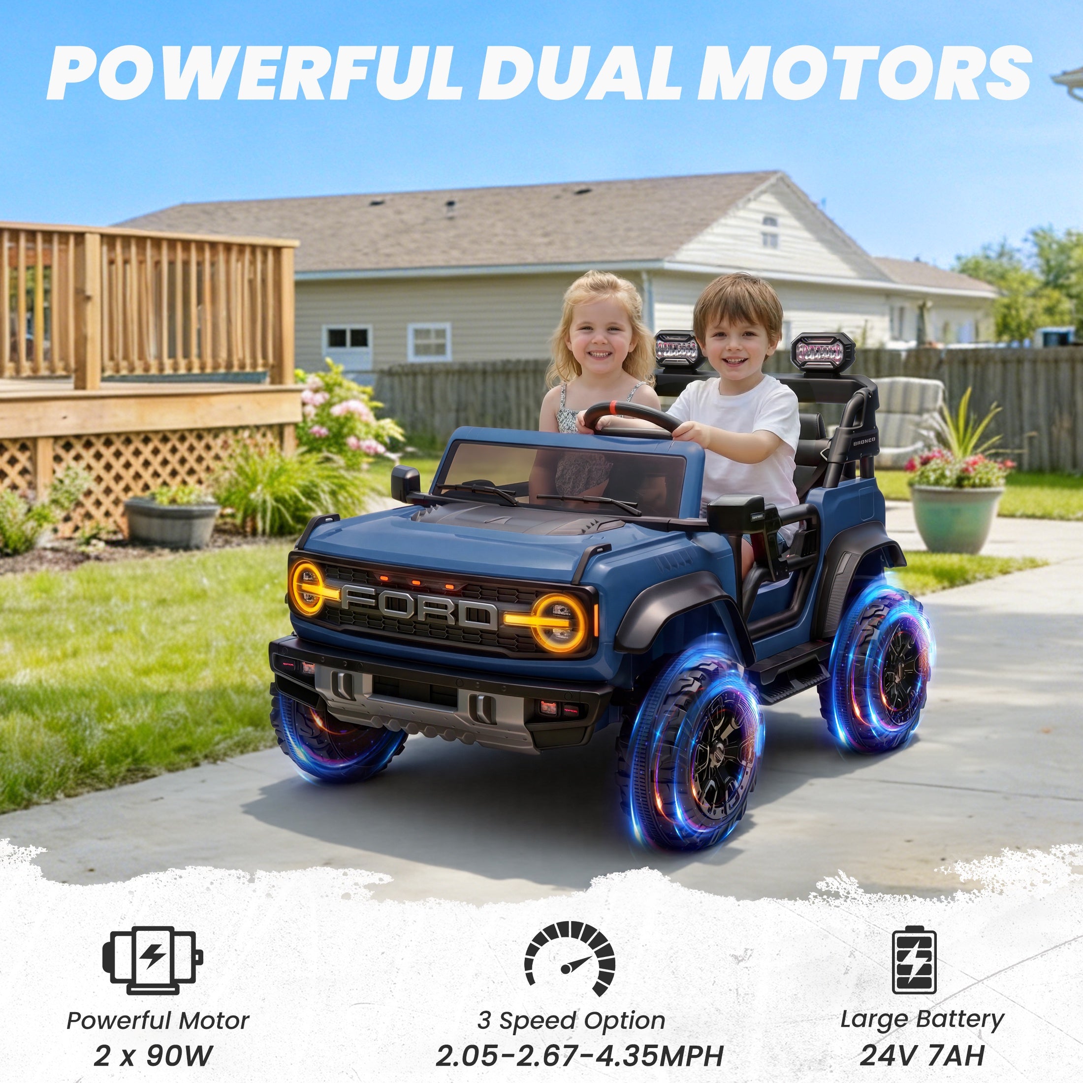 iYofe 24V 2 Seater Ford Bronco Raptor Powered Ride on Car with Remote Control, Bluetooth, Ages 3-8, Blue