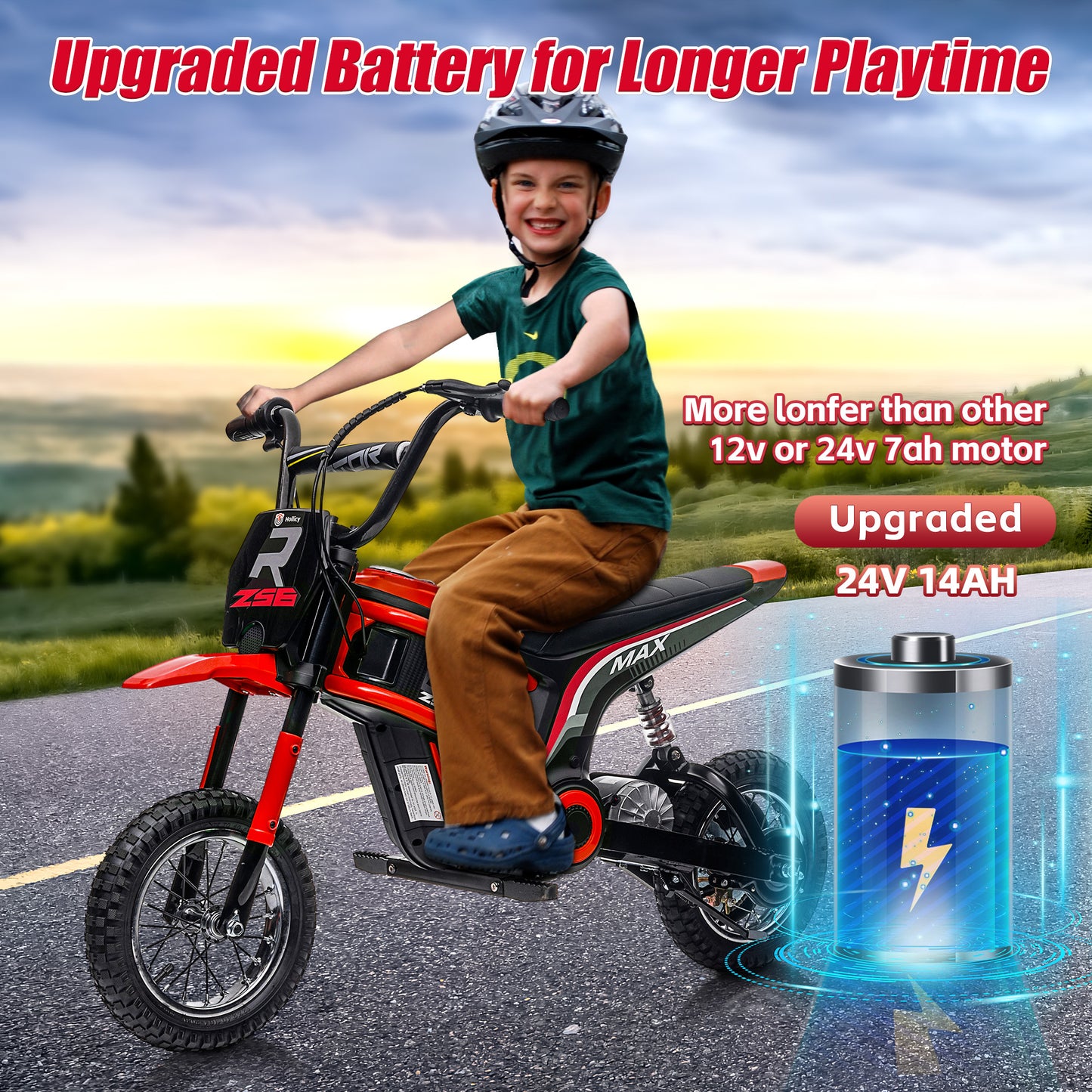 24V Electric Dirt Bike for Kids, 350W Electric Ride on Motorcycle Toy with Speed up to 14.29MPH, Kids Motorized Dirt Bike with Hand Operated Brake for Boys Girls 8-14 Years Old, Music Player