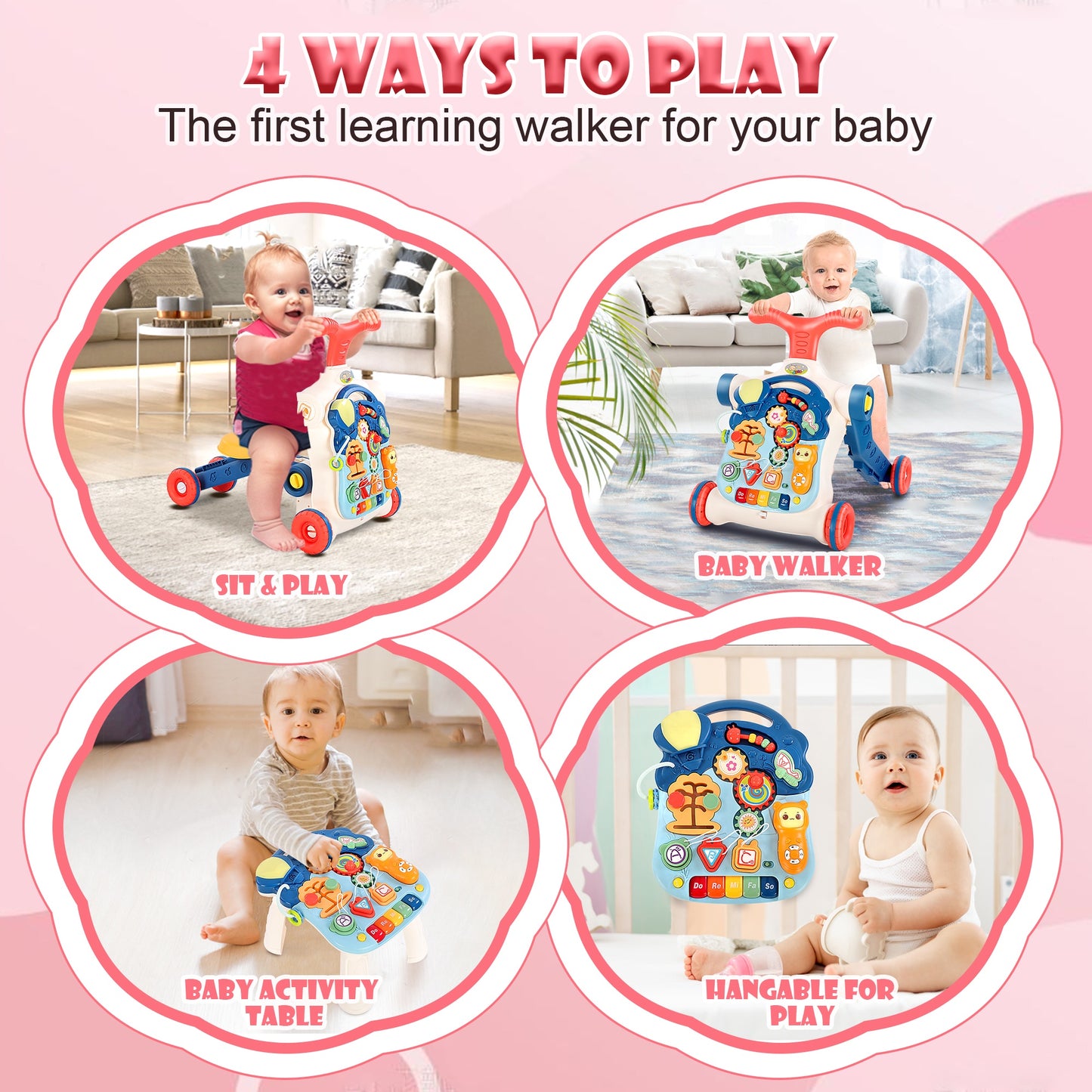 iYofe 5 in 1 Baby Push Walker, Baby Walker for Girls, Baby Activity Center Learning Walker Sit to Stand, Removable Play Panel and Music, Early Learning Push Toys for Kids Boys Girls 12+ Months, Blue