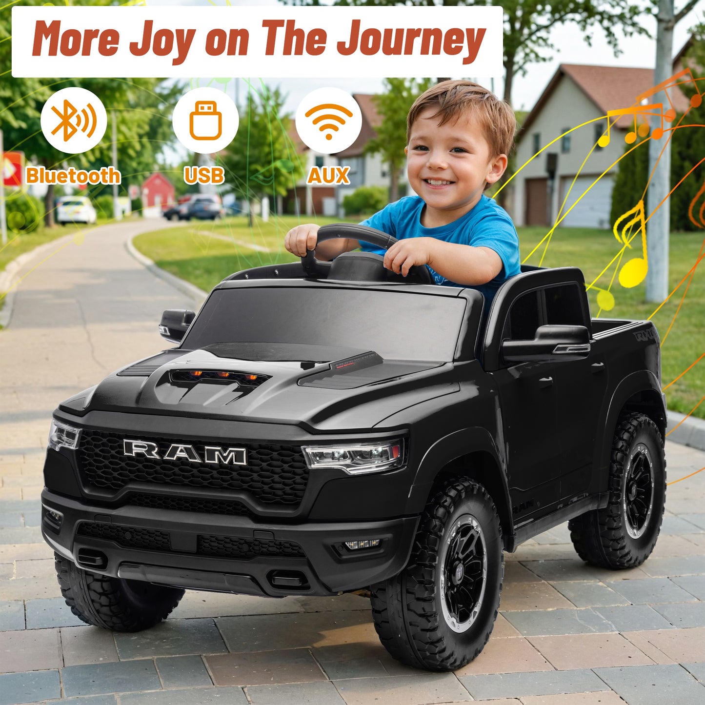 Ram Ride on Car Toys, 12V RAM 1500 Battery Powered Ride on Toy Truck with Remote Control, Electric Car for Kids Girls 3-5 w/ Bluetooth, Rear Storage Trunck, Safety Belt, 4 Wheelers, Black