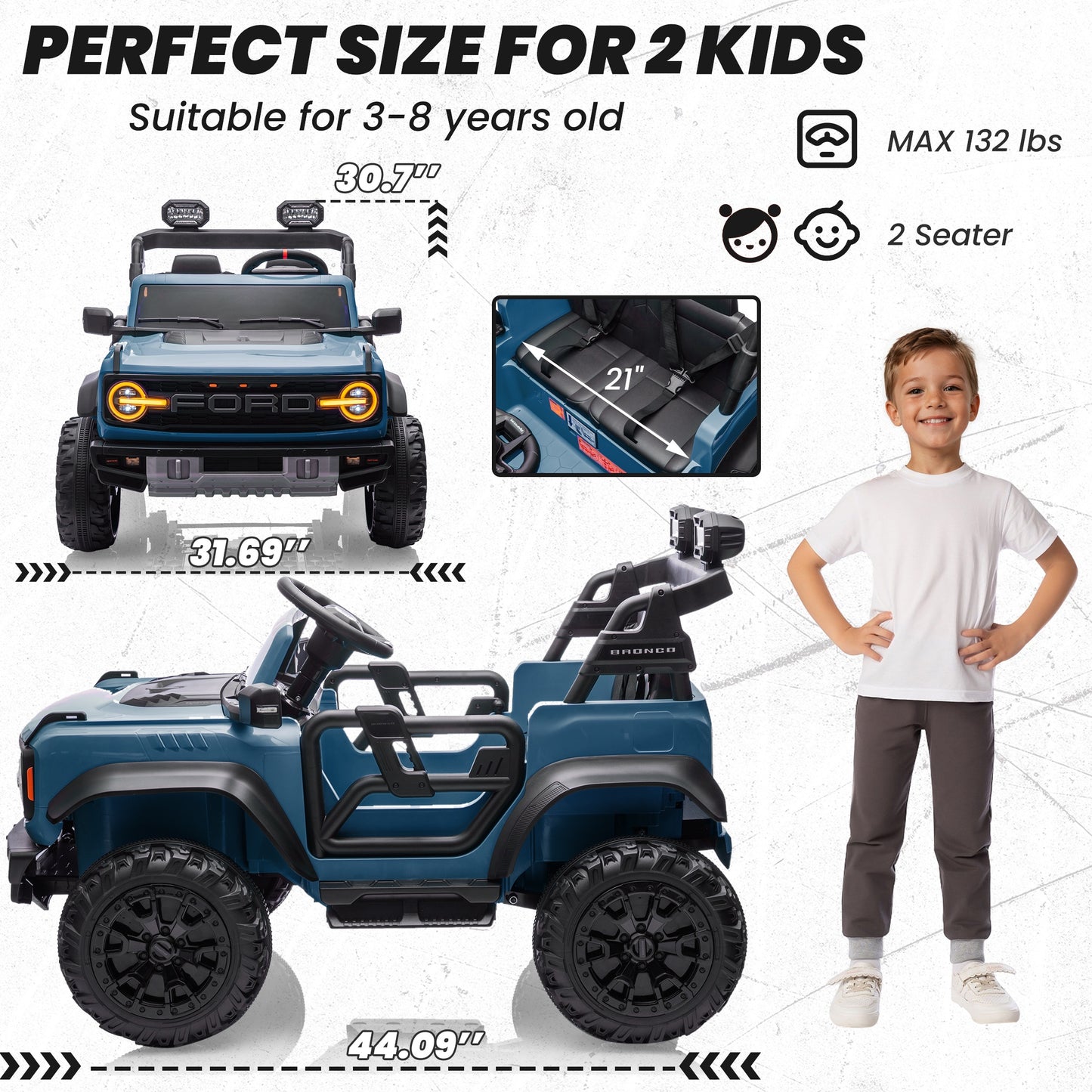 24V 2 Seater Ride on Cars, Licensed Ford Bronco Raptor Powered Ride on Toy Truck with Remote Control, Electric Car for Kids 3-8 Gifts with Bluetooth/LED Light/Spring Suspension, 4 Wheelers, Blue