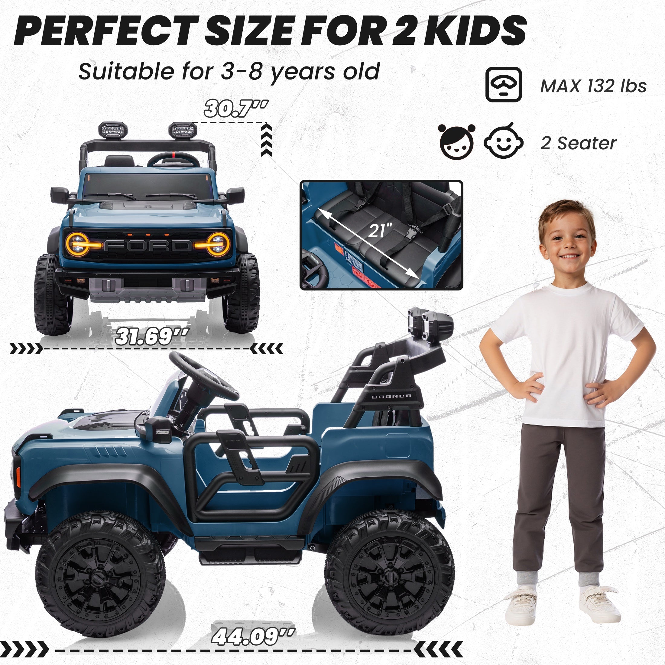 iYofe 24V 2 Seater Ride on Cars, Licensed Ford Bronco Raptor Powered Ride on Trucks with Remote Control, Spring Suspension, Bluetooth, LED Light, Ride on Toys for Kids Ages 3-8 Boy Girls Gift, Blue