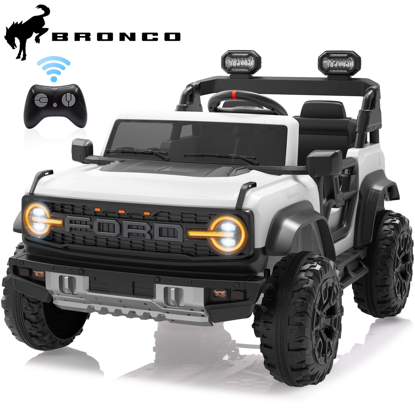 24V 2 Seater Ride on Cars, Licensed Ford Bronco Raptor Ride on Truck Toy with Remote Control, Powered Kids Car Electric Vehicles with Bluetooth/Music Player/LED Light/4 Wheel Spring Suspension, White