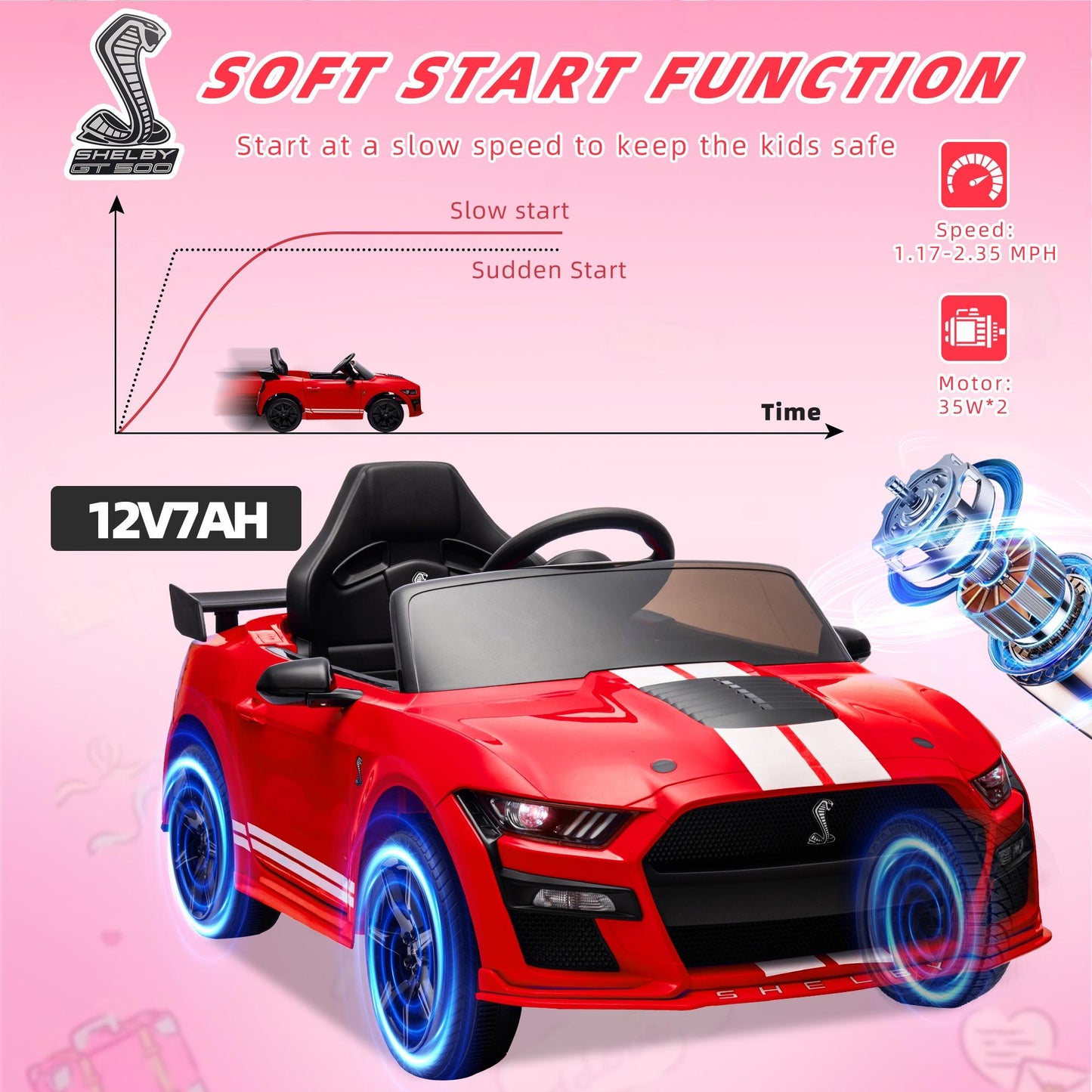 Ford Mustang Shelby 12V Ride On Car with Remote Control, Electric Car for Kids Toddler Electric Vehicle with Bluetooth, Radio, Music, USB Port, LED Lights, Battery Powered Ride on Toys for Kids, Red