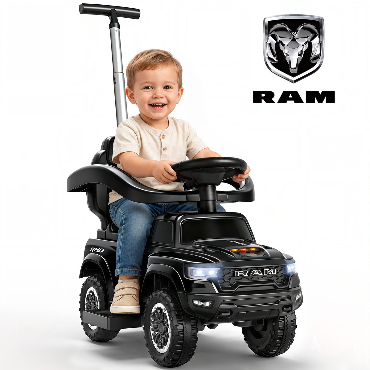 iYofe 3-in-1 Toddler Push Car for Toddlers Ages 1-3, Licensed RAM 1500 Push Car w/Handle, Safety Rail, Storage, Lights & Horn