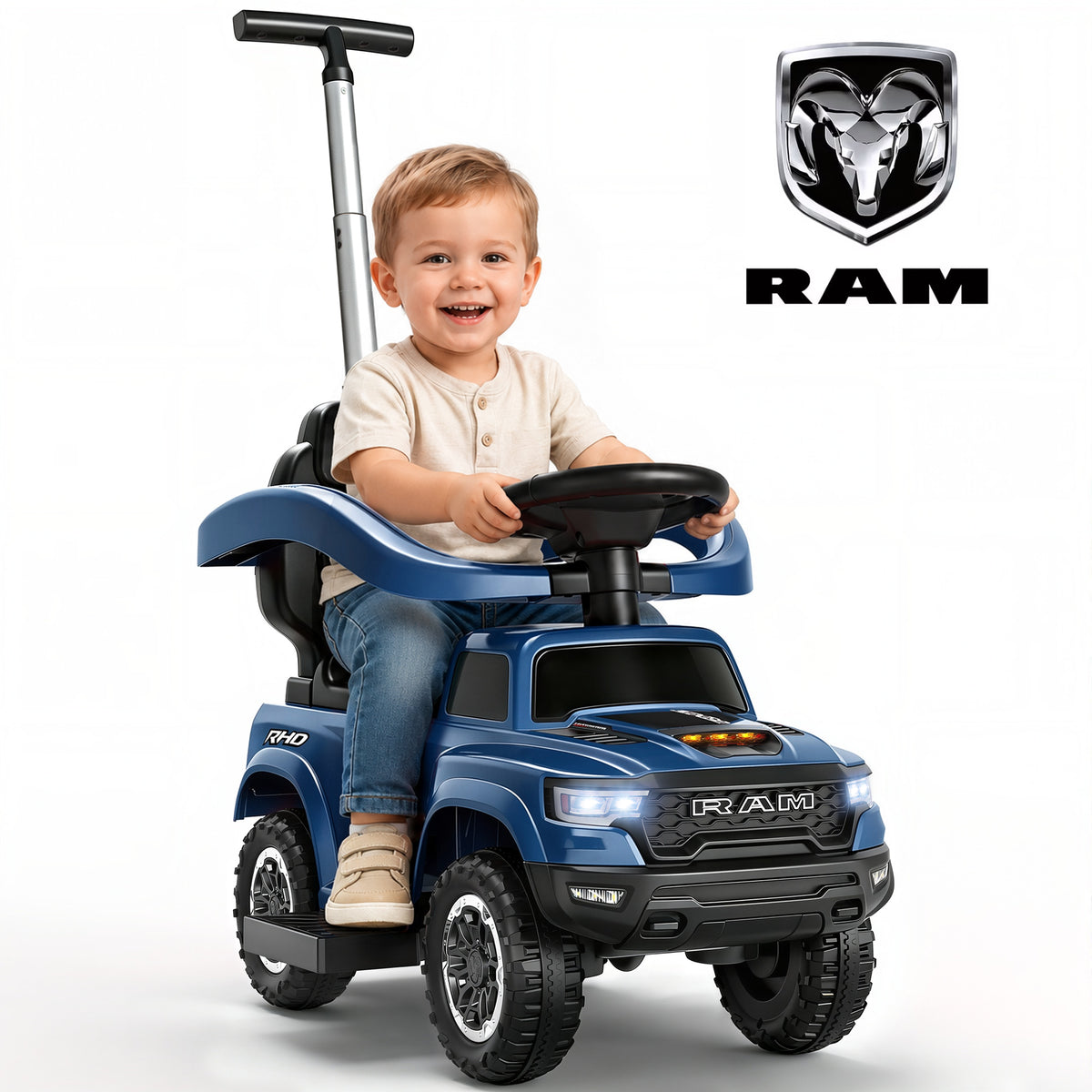 iYofe 3-in-1 Toddler Push Car for Toddlers Ages 1-3, Licensed RAM 1500 Push Car w/Handle, Safety Rail, Storage, Lights & Horn
