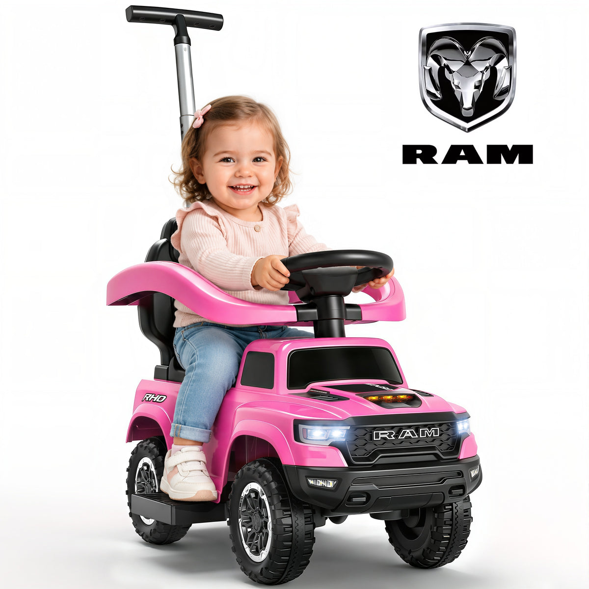 iYofe 3-in-1 Toddler Push Car for Toddlers Ages 1-3, Licensed RAM 1500 Push Car w/Handle, Safety Rail, Storage, Lights & Horn