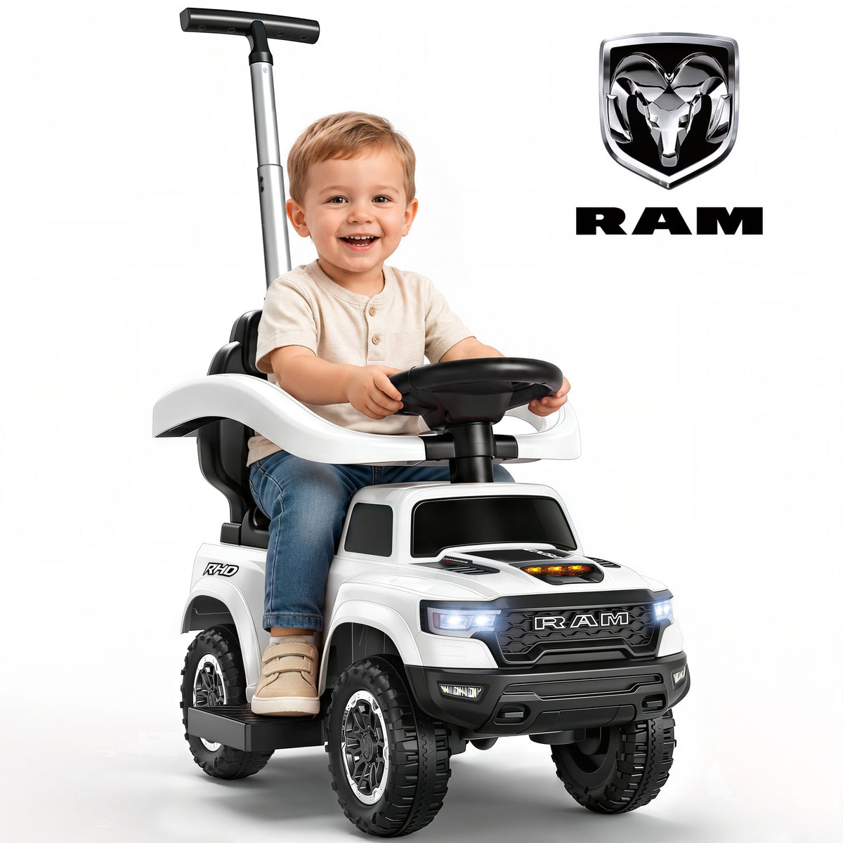 iYofe 3-in-1 Toddler Push Car for Toddlers Ages 1-3, Licensed RAM 1500 Push Car w/Handle, Safety Rail, Storage, Lights & Horn