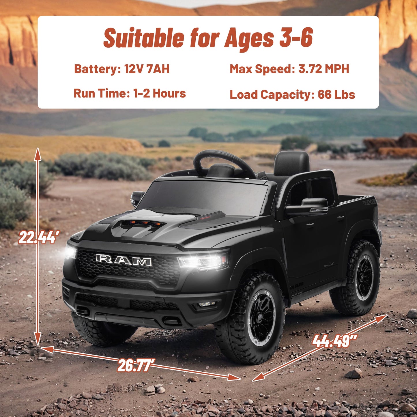 Ram Ride on Car Toys, 12V RAM 1500 Battery Powered Ride on Toy Truck with Remote Control, Electric Car for Kids Girls 3-5 w/ Bluetooth, Rear Storage Trunck, Safety Belt, 4 Wheelers, Black