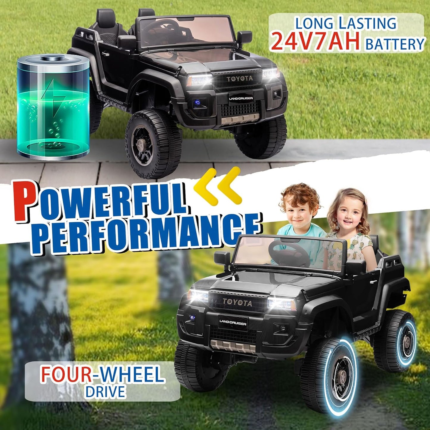 24V 2 Seater Ride on Cars, Licensed Toyota LC250 Powered Ride on Toy Truck with Remote Control, Kids Cars Electric Vehicles for Kids 3-8 Gifts with Bluetooth/Music/USB Ports/Shovel, 4 Wheelers, Black