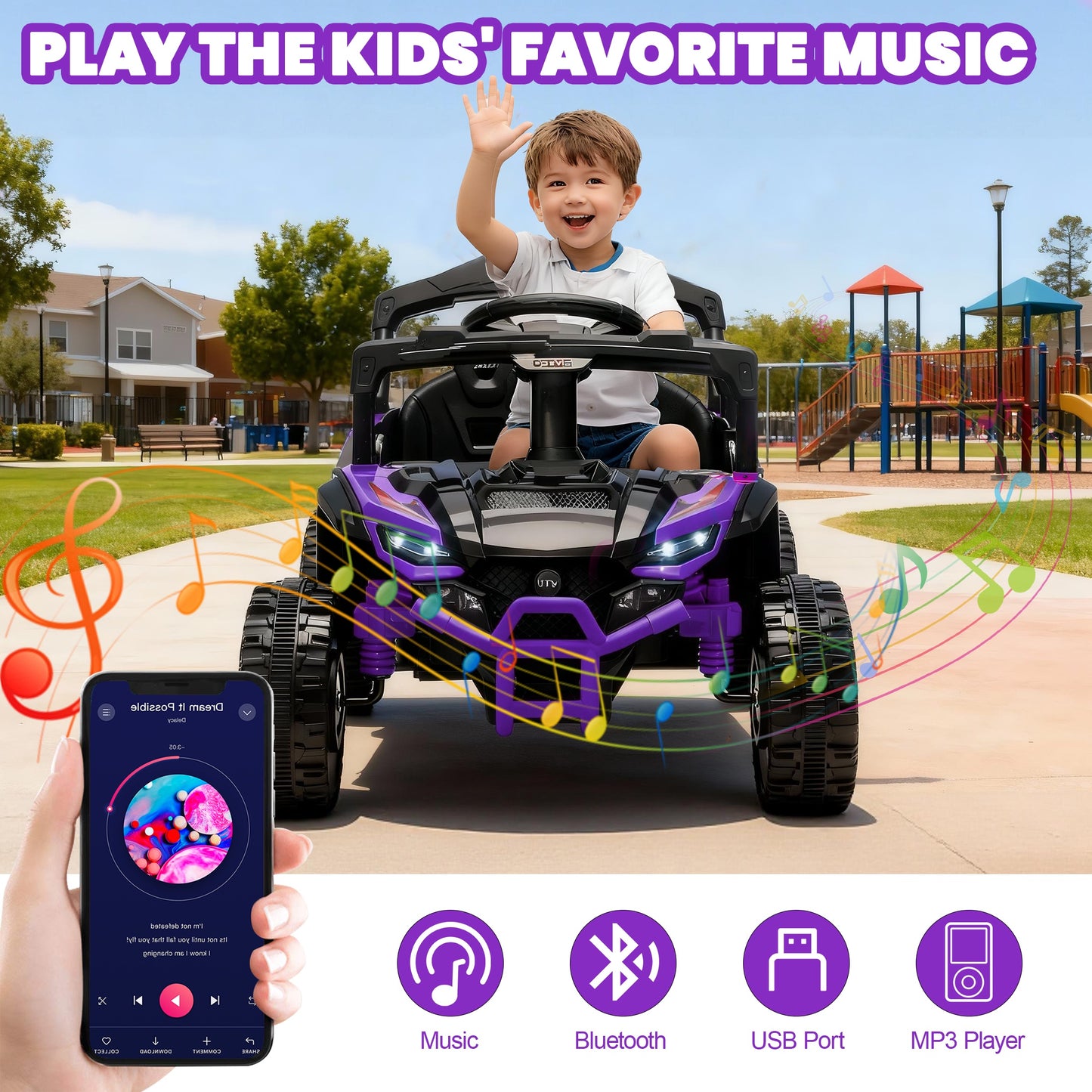 iYofe 24V Powered Ride on Toys with Remote Control, Kids Ride on Car UTV for Boys Girls Ages 3-5, Ride on Vehicles Electric Cars for Kids with Bluetooth, Music, LED Light, 4 Wheels Suspension, Purple