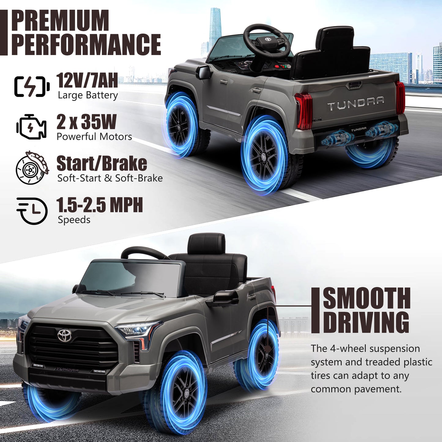 Toyota Tundra Pickup 12V 7A Ride On Cars for Kids, Ride On Toys with Remote Control, Battery Powered Kids Electric Vehicles with Bluetooth Music, USB, Electric Cars for Kids Boys Girls Gifts, Gray