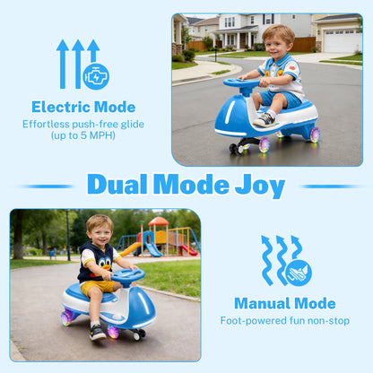 12V Electric Wiggle Car for Kids, Toddlers Ride on Toys with Pedal, Display, Flashing PU Wheels, LED Light, Bluetooth Music, Max Speed 5 MPH, Kids Ride on Cars for Boys Girls 3+, Blue