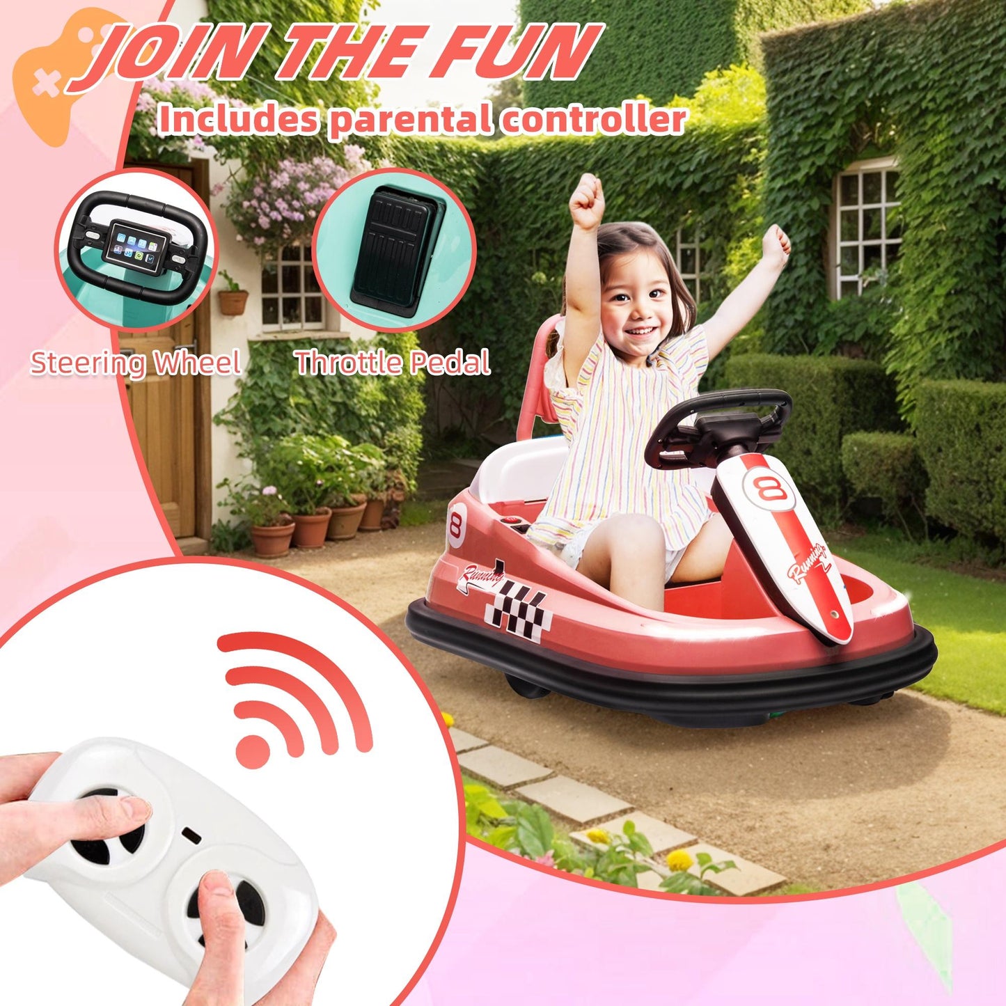 iYofe 6V Bumper Car Ride on with Remote Control, Bumper Cars for Kids Toddlers Boys Girls 2-6 Years Old Gifts, Battery Powered Ride on Toys with Bluetooth, Player, 360¡ãSpin, LED Light, 3 Speed, Pink