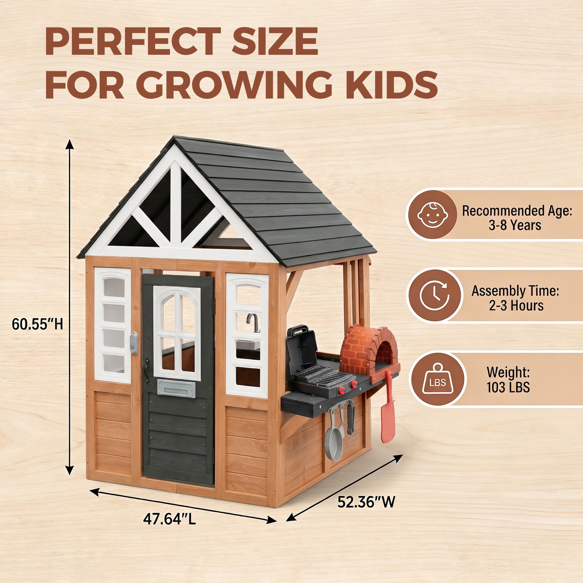 iYofe Kids Playhouse, Wooden Outdoor Playhouse for Kids, Pretend Play House for Toddlers 3-5 with Pizza Oven, Kitchen, Grill Area, Real Doorbell, Gift for Boys Girls Ages 3+