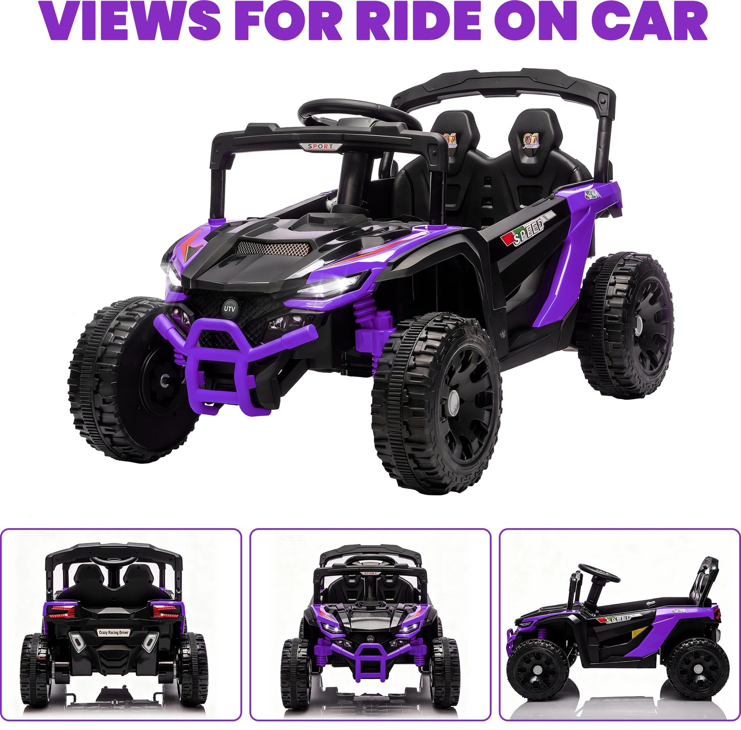 iYofe 24V Powered Ride on Toys with Remote Control, Kids Ride on Car UTV for Boys Girls Ages 3-5, Ride on Vehicles Electric Cars for Kids with Bluetooth, Music, LED Light, 4 Wheels Suspension, Purple
