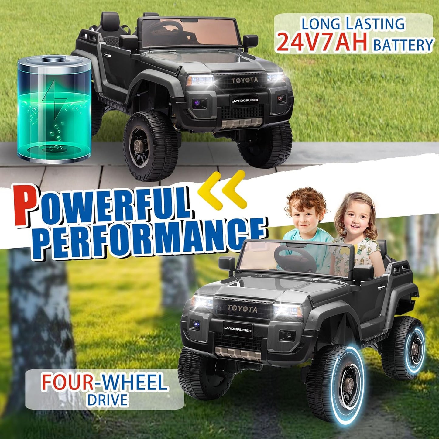 24V 2 Seater Ride on Cars, Licensed Toyota LC250 Powered Ride on Toy Truck with Remote Control, Kids Cars Electric Vehicles for Kids 3-8 Gifts with Bluetooth/Music/USB Ports/Shovel, 4 Wheelers, Gray