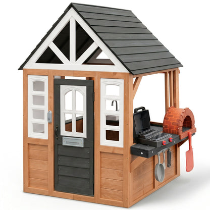 iYofe Kids Playhouse, Wooden Outdoor Playhouse for Kids, Pretend Play House for Toddlers 3-5 with Pizza Oven, Kitchen, Grill Area, Real Doorbell, Gift for Boys Girls Ages 3+