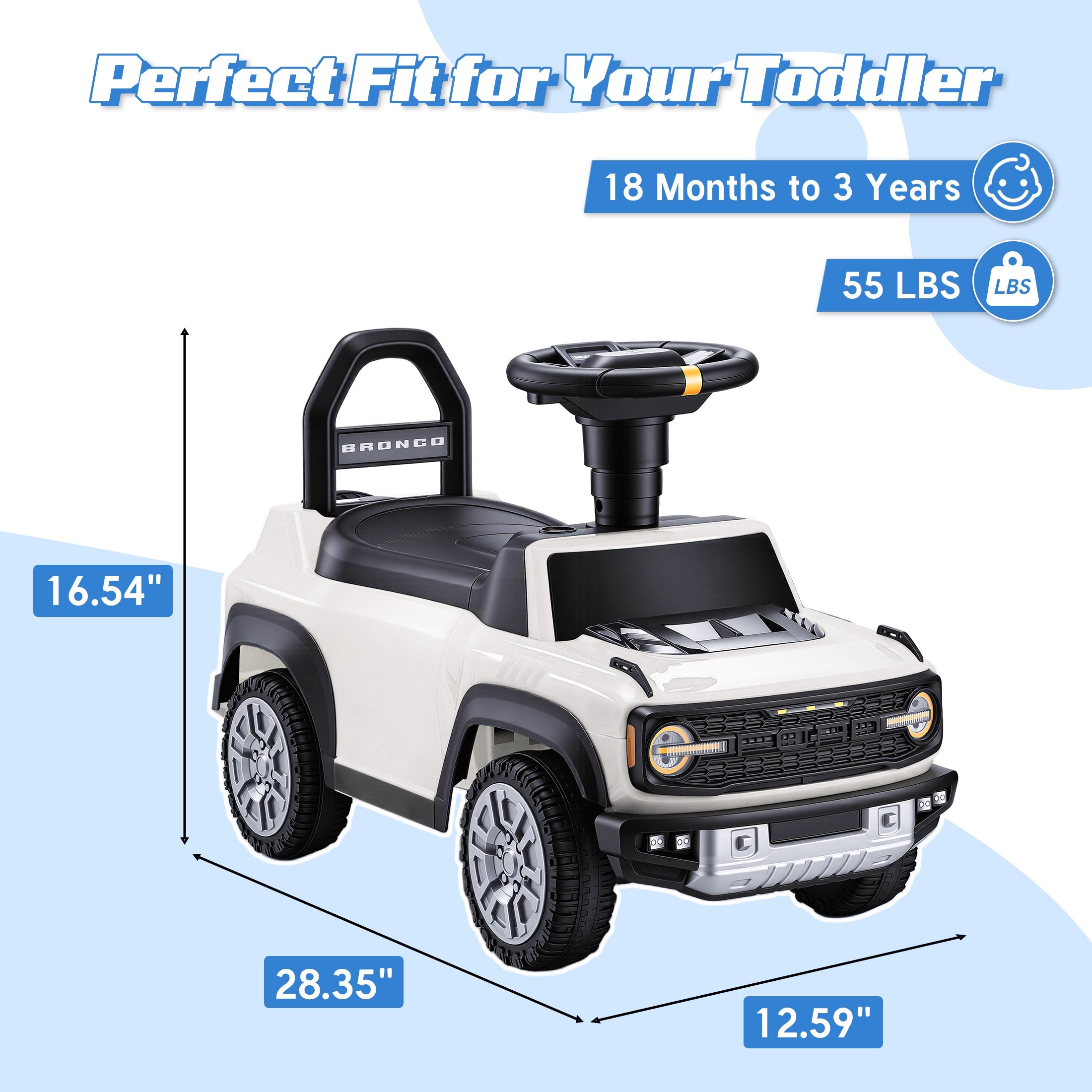 iYofe Kids Ride on Push Car 2 in 1, Ford Bronco Raptor Toddlers Ride on Push Toys with Horn, Music, Handle, Under Seat Storage, Ride on Toys for Toddlers 18 Months +, White