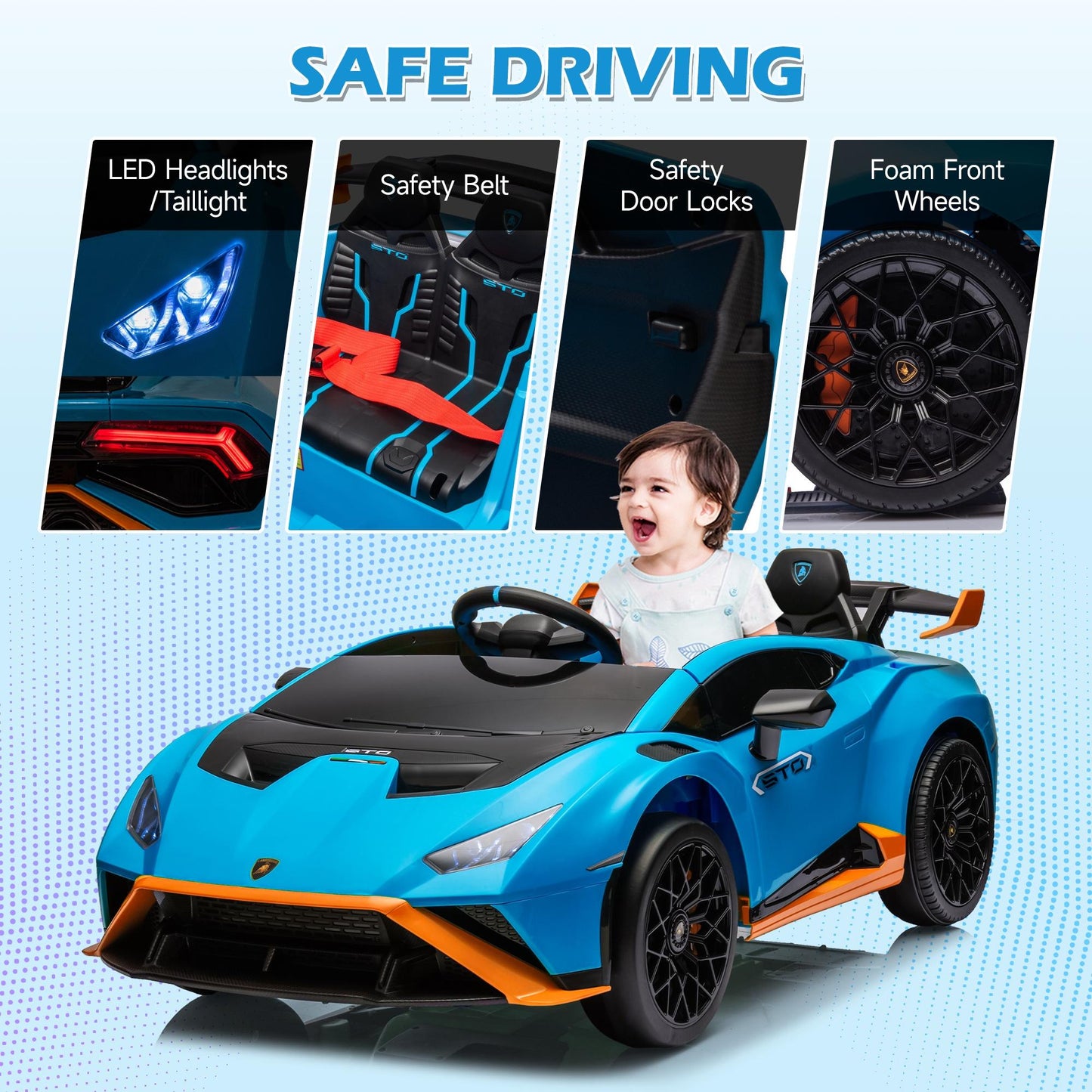 Lamborghini Ride on  Toy Car, 24V Electric Ride on Sports Car with Remote Control, Battery Powered Kid Car Kids Electric Vehicles, 4 Wheeler with Bluetooth, Music Player, LED Light, 360° Spins