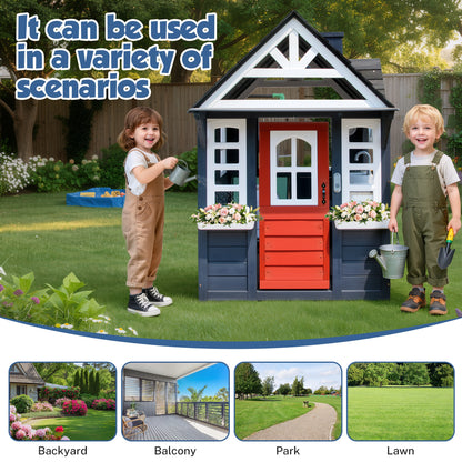 iYofe Outdoor Playhouse, Wooden Playhouse for Kids Play House with Front Door, Flower Pot Holders, Stove, Sink, Doorbell, Windows, Indoor Outdoor Kids Play Equipment Gift for Ages 2+, Black+Blue