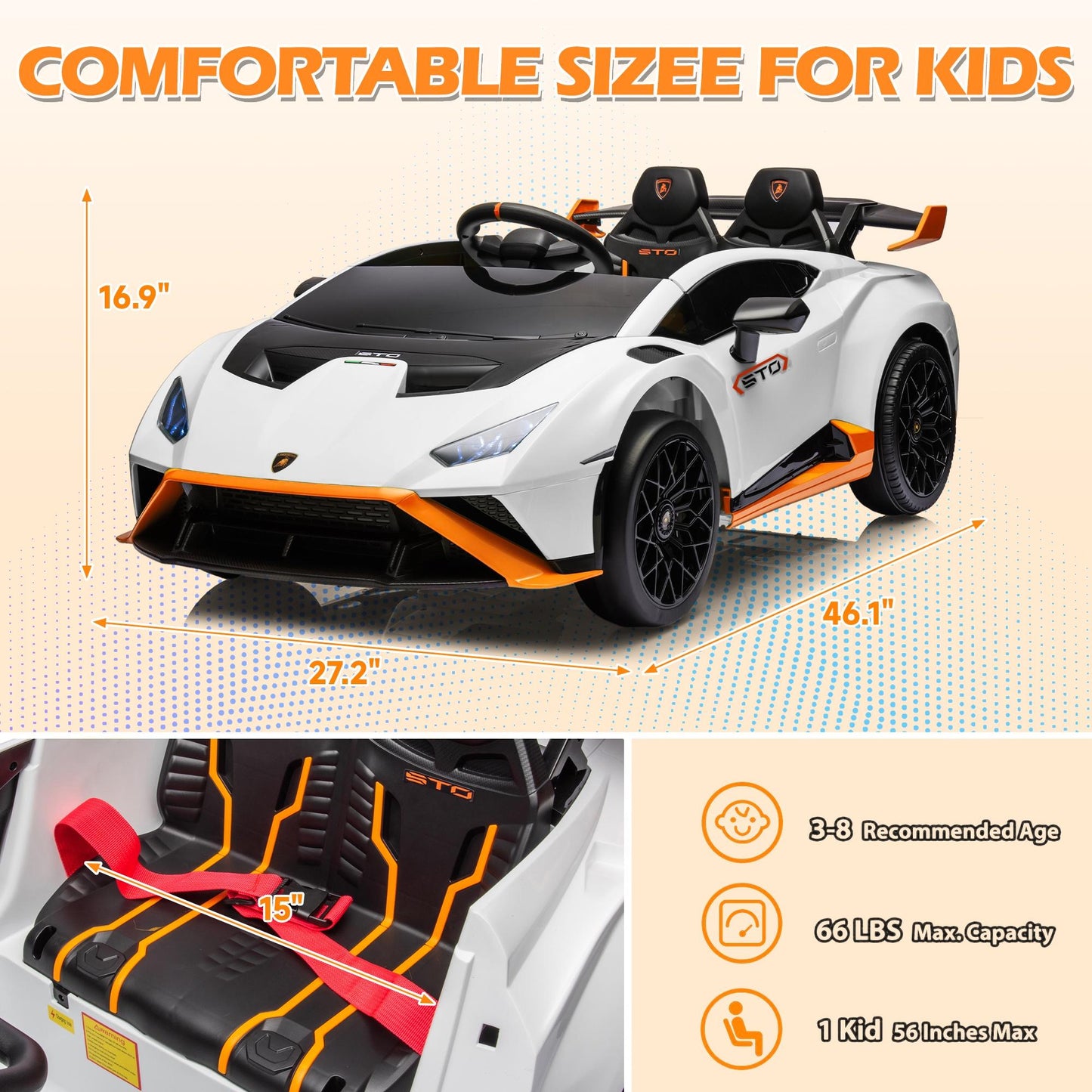 White 24V Lamborghini Ride on Cars with Remote Control, Battery Powered Kids Ride on Toys for Boys Girls 3-8 Ages, 4 Wheels Electric Cars for Kids with Bluetooth/Music/USB Port/LED Lights