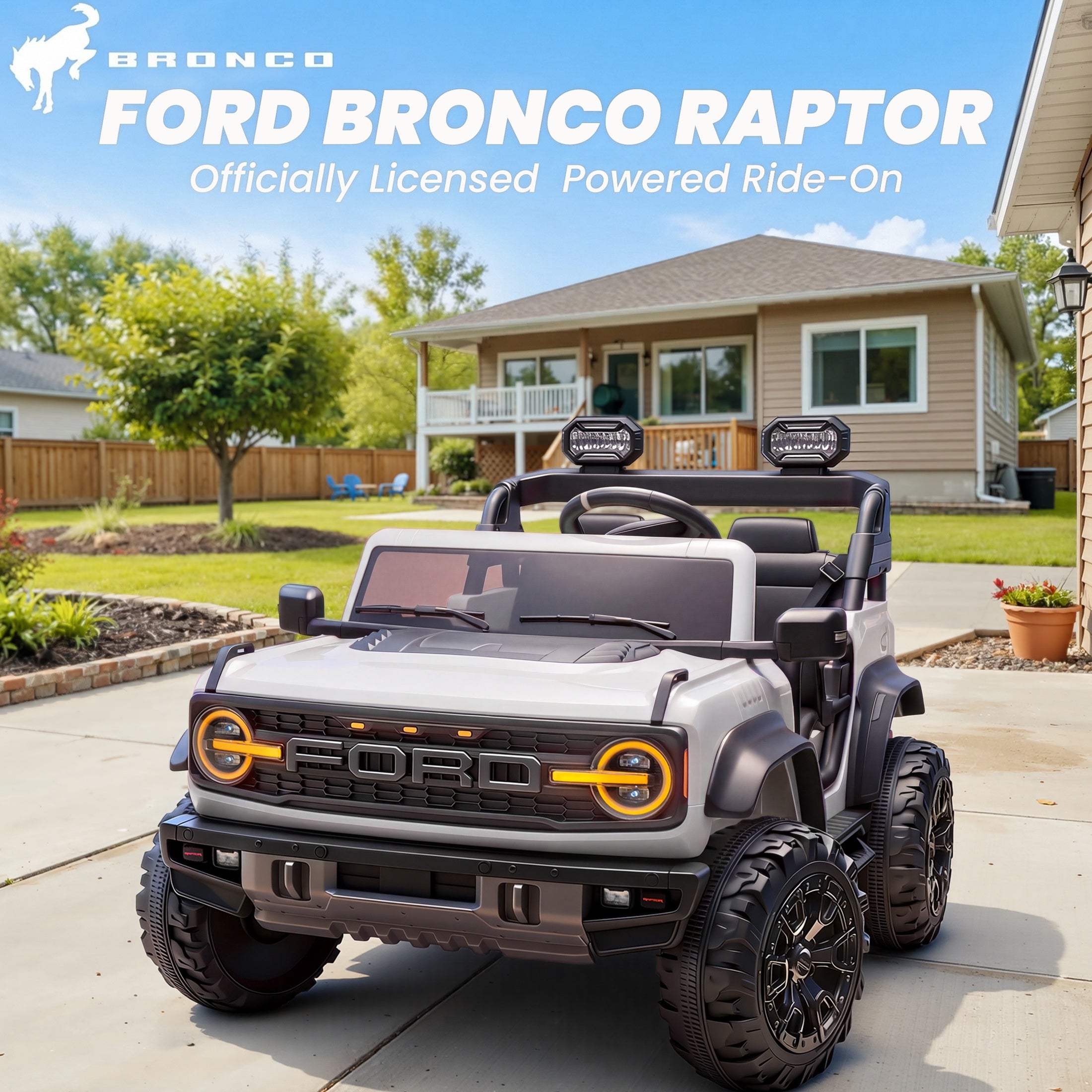 iYofe 24V 2 Seater Ford Bronco Raptor Powered Ride on Car with Remote Control, Bluetooth, Ages 3-8, White