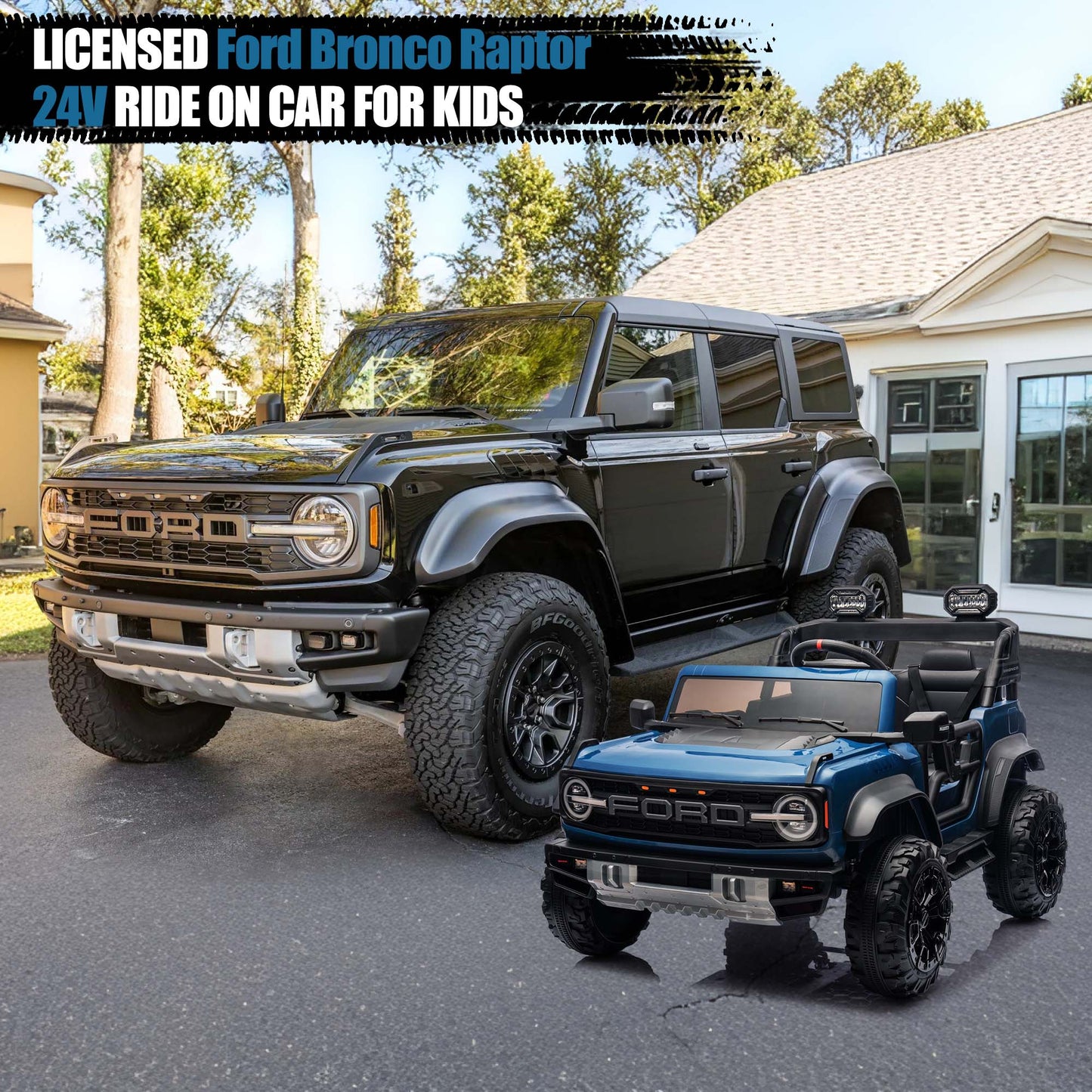 24V 2 Seater Ride on Cars, Licensed Ford Bronco Raptor Ride on Truck Toy with Remote Control, Powered Kids Car Electric Vehicles with Bluetooth/Music Player/LED Light/4 Wheels Spring Suspension, Blue